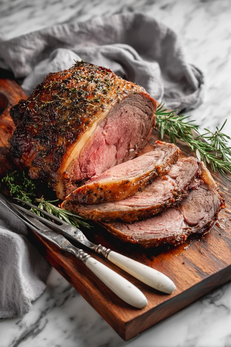A large roasted meat piece placed on a wooden board with visible seasoning and herbs on its brown, crispy outer layer. The meat is sliced into three thick pieces showing a pink inside, indicating it is cooked medium. There is a sprig of fresh green rosemary on the right side. Two vintage carving utensils with white handles lie next to the meat on the board. The background is a white marbled surface with a gray cloth draped loosely behind the wooden board. Photo taken with an iphone --ar 2:3 --v 7 - Garlic Herb Butter Prime Rib, prime rib roast with garlic and herbs, best prime rib recipe, holiday prime rib, juicy prime rib dinner