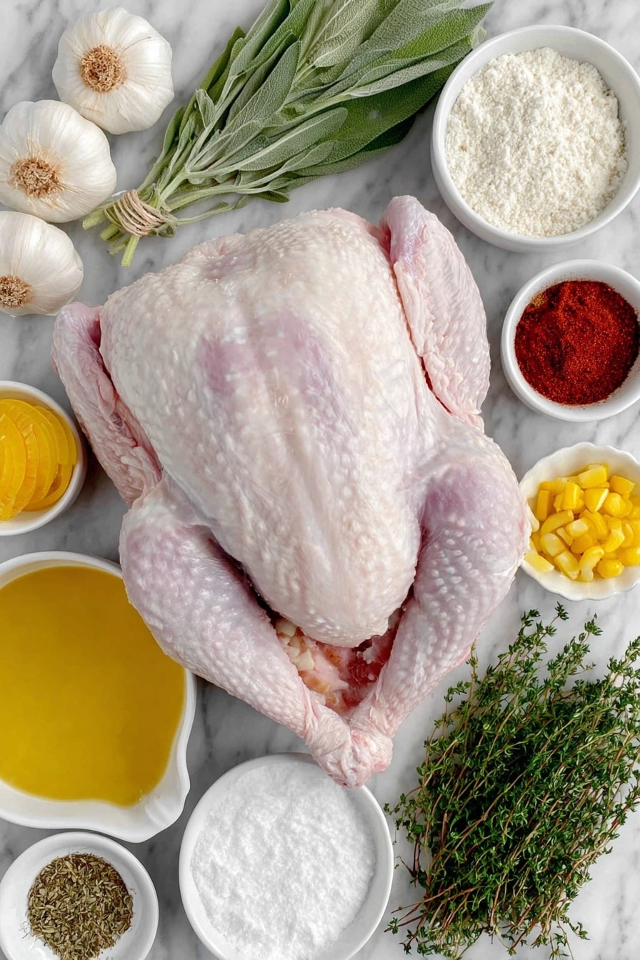 Flat lay of a whole raw turkey with pale pink skin, two heads of garlic halved horizontally revealing cloves, one halved onion with skin on, a small bunch of fresh sage, rosemary, thyme, and parsley sprigs tied loosely, a small white bowl filled with coarse kosher salt, a small white bowl with sweet paprika powder, a small white bowl with garlic powder, a small white bowl of freshly ground black pepper, a small white bowl containing melted unsalted butter with a glossy surface, three whole uncracked garlic cloves, a small white bowl of dry white wine, a small white bowl of low sodium chicken broth, a small white bowl of plain all-purpose flour, and a few sprigs of finely chopped sage, rosemary, and thyme, all arranged symmetrically on a clean white marble surface, soft natural light, photo taken with an iPhone, professional food photography style, fresh ingredients, white ceramic bowls, no bottles, no duplicates, no utensils, no packaging --ar 2:3 --v 7 --p m7354615311229779997 - Juicy Roast Turkey with Crispy Skin, Roast Turkey, Perfect Holiday Turkey, Easy Turkey Recipe, Crispy Skin Roast Turkey