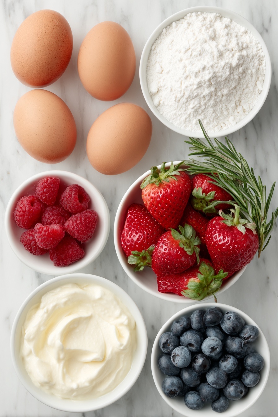Flat lay of five whole large eggs with clean shells, a small white ceramic bowl filled with superfine white sugar, a small white ceramic bowl holding fine white cornflour, a small white ceramic bowl containing clear white vinegar, a handful of fresh whole raspberries, medium strawberries sliced into rounds and diced, a small white ceramic bowl of thickened cream, a small white ceramic bowl with vanilla extract, small sprigs of fresh green rosemary arranged neatly, a small white ceramic bowl of powdered icing sugar, and a cluster of assorted fresh blueberries and other vibrant fruits, all placed on a clean white marble surface, soft natural light, photo taken with an iPhone, professional food photography style, fresh ingredients, white ceramic bowls, no bottles, no duplicates, no utensils, no packaging --ar 2:3 --v 7 --p m7354615311229779997 - Christmas Pavlova Tree, festive pavlova dessert, holiday Christmas cake, Christmas meringue centerpiece, easy Christmas dessert
