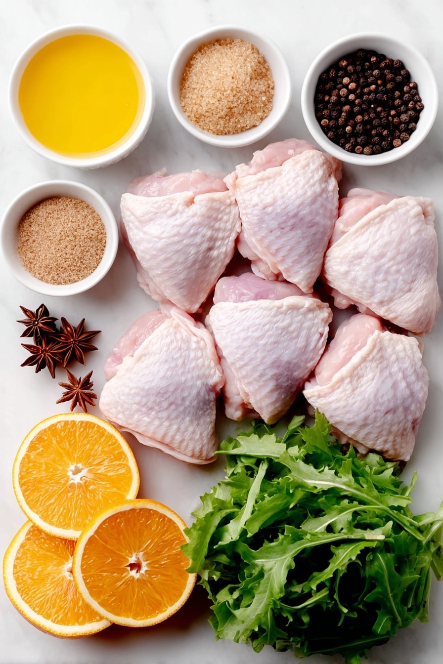 Flat lay of raw bone-in chicken thighs and drumsticks with skin on, a small white bowl of bright orange juice, fresh whole oranges halved and sliced, a small white bowl of golden brown sugar, a small white bowl of smooth Dijon mustard, a small white bowl of glossy olive oil, two whole star anise pods, a small white bowl of ground cinnamon, a small white bowl of ground allspice, a small white bowl of ground ginger, a small white bowl of salt, a small white bowl of black pepper, fresh bright orange zest curls, and a small pile of fresh green leafy salad greens like endive and watercress, all arranged symmetrically on a clean white marble surface, soft natural light, photo taken with an iPhone, professional food photography style, fresh ingredients, white ceramic bowls, no bottles, no duplicates, no utensils, no packaging --ar 2:3 --v 7 --p m7354615311229779997 - Sticky Orange Glazed Christmas Chicken, Christmas Chicken Recipe, Festive Holiday Chicken, Juicy Chicken with Orange Glaze, Holiday Chicken Dinner Ideas