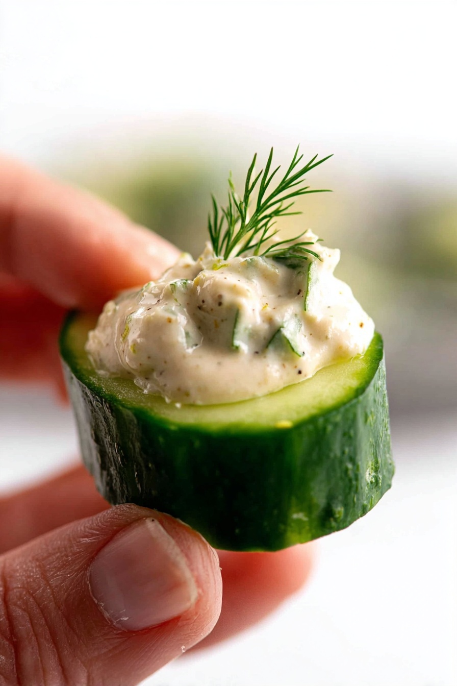 A close-up view shows a woman's hand holding a small thick cucumber slice. On top of the cucumber slice, there is a creamy off-white dip with small green herb pieces mixed in. A small sprig of fresh green dill sits on the dip, adding a touch of color and texture. The background is softly blurred with a white marbled texture, making the food the main focus. photo taken with an iphone --ar 2:3 --v 7 - Smoked Salmon Cucumber Canapés, smoked salmon appetizer, cucumber canapés, smoked salmon finger food, light elegant appetizer