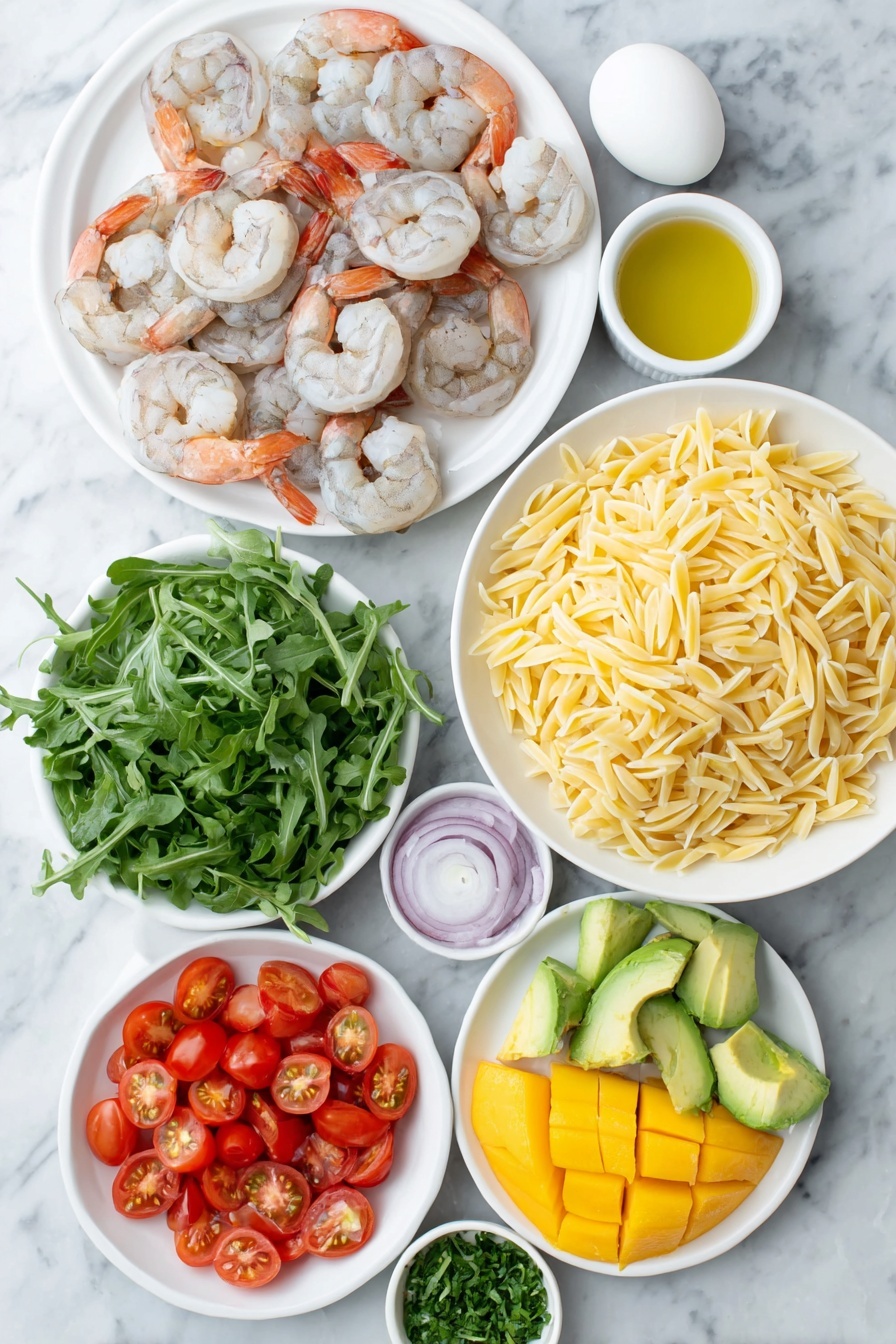 Flat lay of cooked risoni pasta in a simple white ceramic bowl, a small white bowl with extra virgin olive oil, a small white bowl with fresh lime juice, cooked peeled prawns arranged neatly on a white plate, a large ripe mango cut into uniform cubes on a white plate, a large ripe avocado cut into cubes on a white plate, a handful of fresh rocket/arugula leaves loosely piled on a white plate, halved cherry tomatoes spread out on a white plate, thinly sliced half a red onion on a white plate, finely chopped coriander leaves in a small white bowl, one whole uncracked egg placed near the ingredients for color contrast, all placed on a clean white marble surface, soft natural light, photo taken with an iPhone, professional food photography style, fresh ingredients, white ceramic bowls, no bottles, no duplicates, no utensils, no packaging --ar 2:3 --v 7 --p m7354615311229779997 - Prawn Mango Avocado Salad Lime Dressing, Mango Avocado Seafood Salad, Fresh Summer Prawn Salad, Easy Prawn Mango Salad Recipe, Healthy Fruit and Seafood Salad