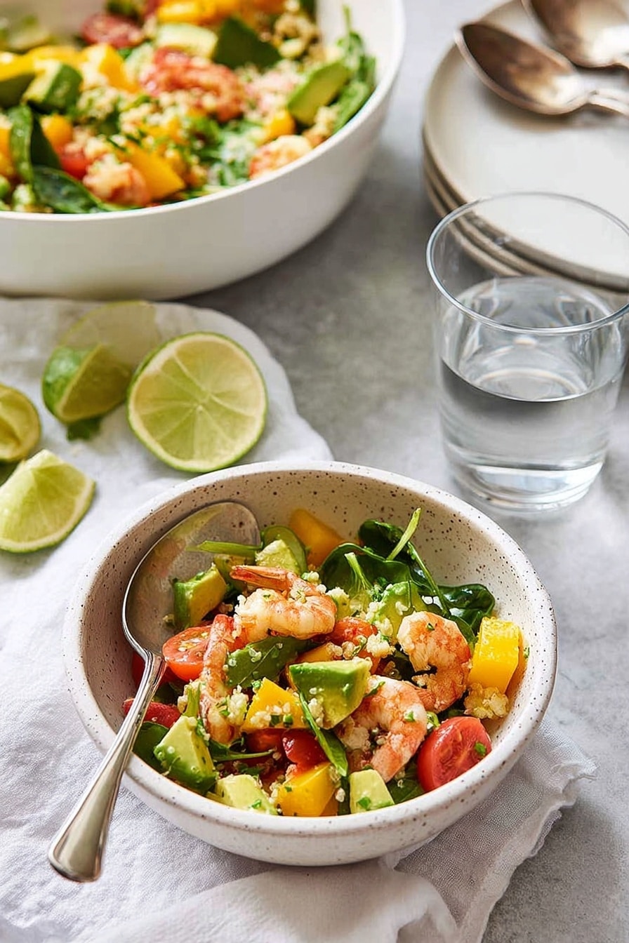 A white speckled bowl filled with a colorful salad made of small shrimp, bright yellow mango chunks, green avocado pieces, leafy spinach, and tiny white grains, all mixed together with cherry tomato halves visible. A silver spoon rests inside the bowl on the left side. Behind it, a larger white bowl holds more of the same salad, with a white marbled surface beneath. To the left, half and quarter slices of lime sit on a white cloth. On the right, a clear glass of water and two stacked white plates with two silver spoons on top can be seen. Photo taken with an iphone --ar 2:3 --v 7 - Prawn Mango Avocado Salad Lime Dressing, Mango Avocado Seafood Salad, Fresh Summer Prawn Salad, Easy Prawn Mango Salad Recipe, Healthy Fruit and Seafood Salad