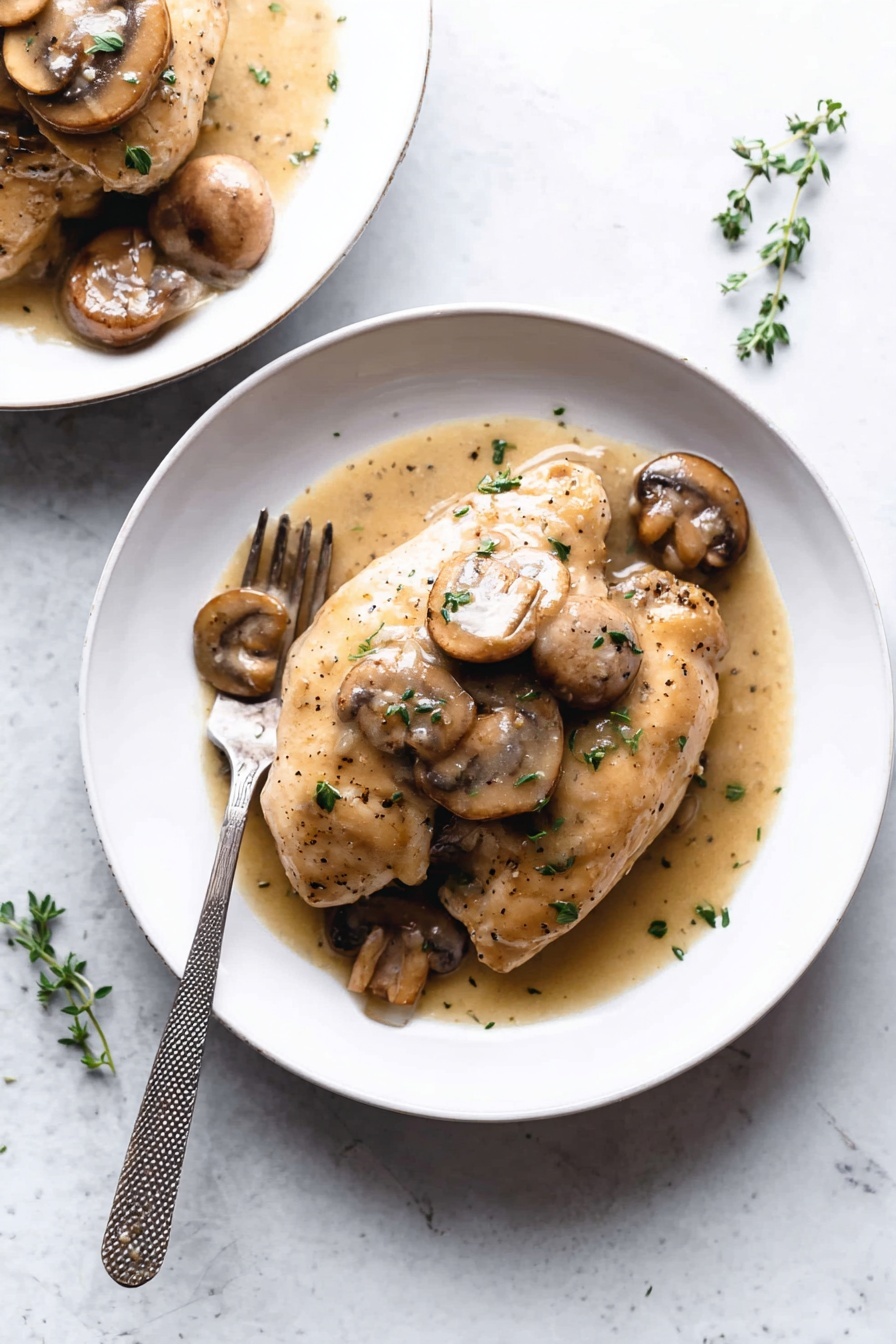 A white plate on a white marbled surface holds two pieces of cooked chicken with a light brown mushroom sauce drizzled over them. One larger piece of chicken sits on the top left of the plate with sliced mushrooms and small green parsley bits on top and around. Below it, several slices of chicken lay slightly overlapping, also covered with sauce and mushrooms. A silver fork with a textured handle rests on the right side of the plate, partially submerged in the sauce. Small flecks of black pepper and parsley are scattered over the dish and around the plate, adding a fresh touch. photo taken with an iphone --ar 2:3 --v 7 - Instant Pot Chicken Marsala, Chicken Marsala dinner, easy chicken marsala, quick instant pot recipes, mushroom marsala chicken