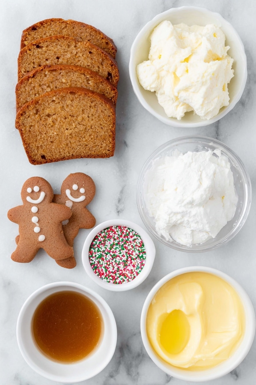 Flat lay of sliced ginger cake in thin even slices, whole gingerbread men cookies with detailed icing decoration, a small white ceramic bowl of smooth vanilla custard, a small white ceramic bowl filled with fluffy double cream dusted lightly with powdered icing sugar and ground ginger, a small white ceramic bowl of glossy golden caramel sauce, and a small white ceramic bowl with colorful festive sprinkles, all arranged symmetrically on a clean white marble surface, soft natural light, photo taken with an iPhone, professional food photography style, fresh ingredients, white ceramic bowls, no bottles, no duplicates, no utensils, no packaging --ar 2:3 --v 7 --p m7354615311229779997 - Gingerbread Trifle with Custard and Caramel, holiday dessert recipes, festive gingerbread dessert, layered holiday trifle, easy Christmas trifle dessert
