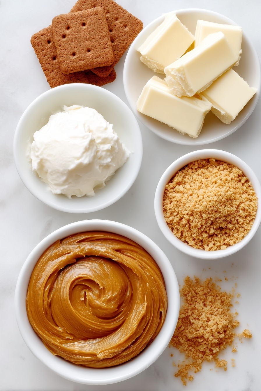 Flat lay of a small pile of whole Biscoff biscuits, a dollop of soft cream cheese on a white ceramic plate, chunks of broken white chocolate arranged neatly on a simple white dish, a smooth swirl of golden Biscoff spread in a small white ceramic bowl, and a small white bowl containing fine golden biscuit crumbs, all placed on a clean white marble surface, soft natural light, photo taken with an iPhone, professional food photography style, fresh ingredients, white ceramic bowls, no bottles, no duplicates, no utensils, no packaging --ar 2:3 --v 7 --p m7354615311229779997 - Biscoff Truffles with White Chocolate, Biscoff truffles, white chocolate dessert, no-bake cookie balls, caramel-spiced truffles