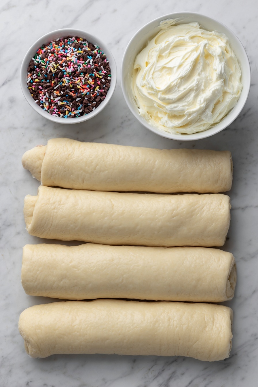 Flat lay of five unrolled fresh cinnamon rolls arranged loosely in a simple white ceramic bowl, a small white bowl filled with smooth white icing, another small white bowl containing colorful festive Christmas sprinkles, all placed on a clean white marble surface, soft natural light, photo taken with an iPhone, professional food photography style, fresh ingredients, white ceramic bowls, no bottles, no duplicates, no utensils, no packaging --ar 2:3 --v 7 --p m7354615311229779997 - Christmas Tree Cinnamon Rolls, festive cinnamon roll ideas, easy holiday breakfast, Christmas brunch recipes, holiday baking treats
