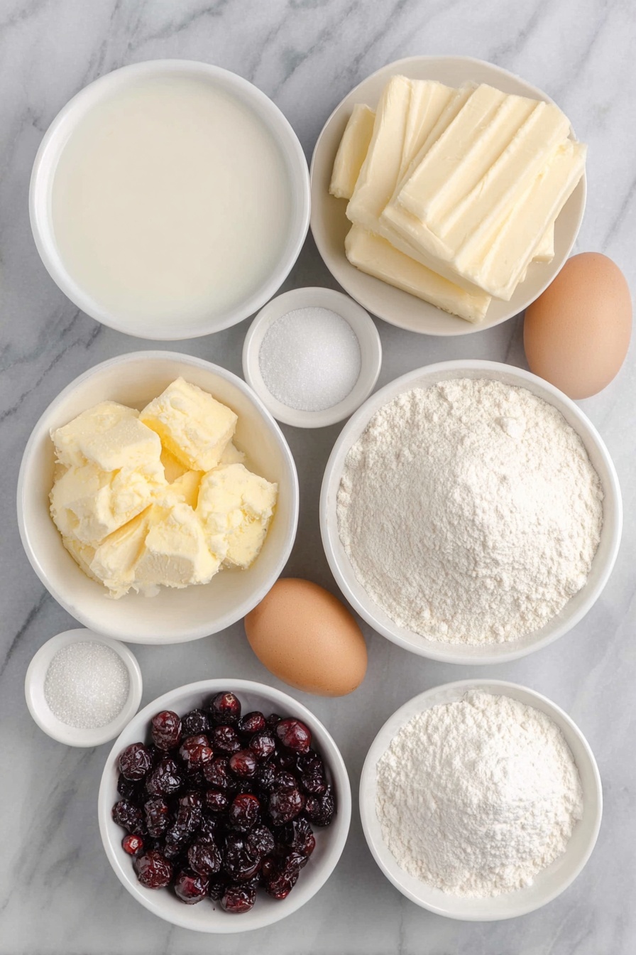 Flat lay of a small white ceramic bowl of whole milk, a small white ceramic bowl of granulated sugar, a small white ceramic bowl of instant dry yeast granules, a simple mound of all-purpose flour, a small white ceramic bowl of cornstarch, a small pile of coarse salt, three whole uncracked brown eggs, a neat stack of softened unsalted butter pieces, a small white ceramic bowl of bright orange zest, a small white ceramic bowl of fresh orange juice, a small white ceramic bowl of powdered sugar, and a handful of fresh cranberries, all fresh and natural, arranged in perfect symmetry on a clean white marble surface, soft natural light, photo taken with an iPhone, professional food photography style, fresh ingredients, white ceramic bowls, no bottles, no duplicates, no utensils, no packaging --ar 2:3 --v 7 --p m7354615311229779997 - Cranberry Orange Sweet Rolls, Cranberry Orange Pastry, Holiday Sweet Rolls, Fluffy Cranberry Orange Breakfast, Easy Cranberry Orange Baking