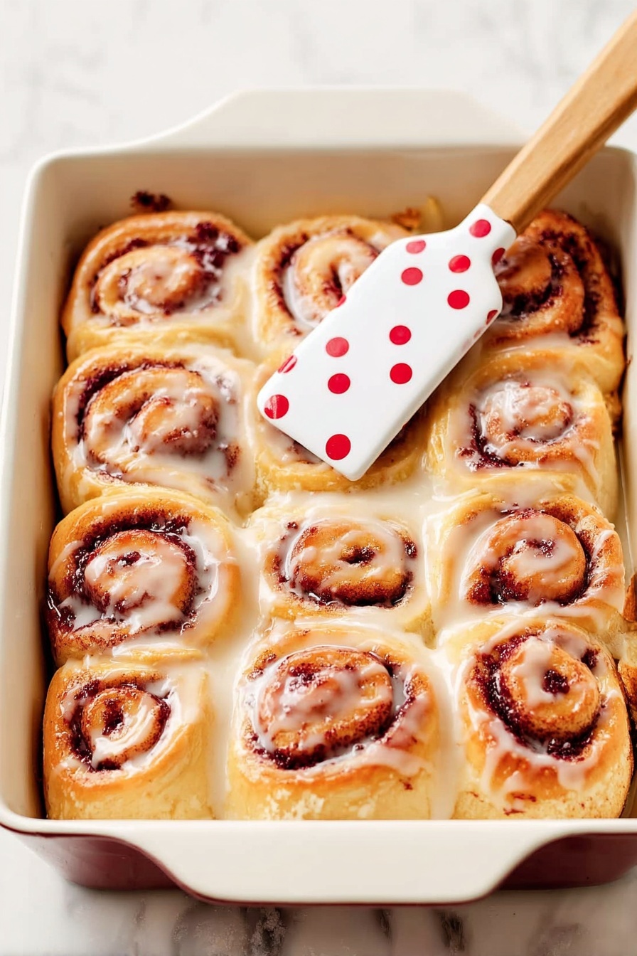 The image shows a white baking dish filled with eight cinnamon rolls, each roll having two visible layers: a light golden-brown dough outer layer with a soft, slightly flaky texture, and a rich, dark reddish-brown swirled filling inside. The rolls are closely packed, and a white spatula with red polka dots and a wooden handle is placed on top, spreading a thin, shiny glaze of white icing over the rolls. The dish is set on a white marbled surface. photo taken with an iphone --ar 2:3 --v 7 - Cranberry Orange Sweet Rolls, Cranberry Orange Pastry, Holiday Sweet Rolls, Fluffy Cranberry Orange Breakfast, Easy Cranberry Orange Baking