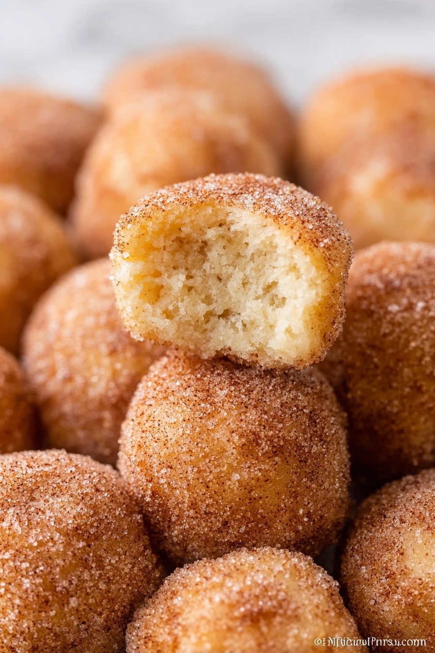 The image shows multiple small round doughnut holes covered with a light brown cinnamon sugar coating. One doughnut hole is on top, broken open to reveal a soft, fluffy, and moist inside with a light golden color. The outside texture looks slightly crunchy with a visible sugar and cinnamon layer. The background is a close-up of more cinnamon sugar doughnut holes arranged closely together on a white marbled surface. Photo taken with an iphone --ar 2:3 --v 7 - Cinnamon Sugar Mini Donut Muffins, best mini donut muffins, cinnamon sugar muffin recipe, easy baked donut muffins, soft cinnamon muffin bites