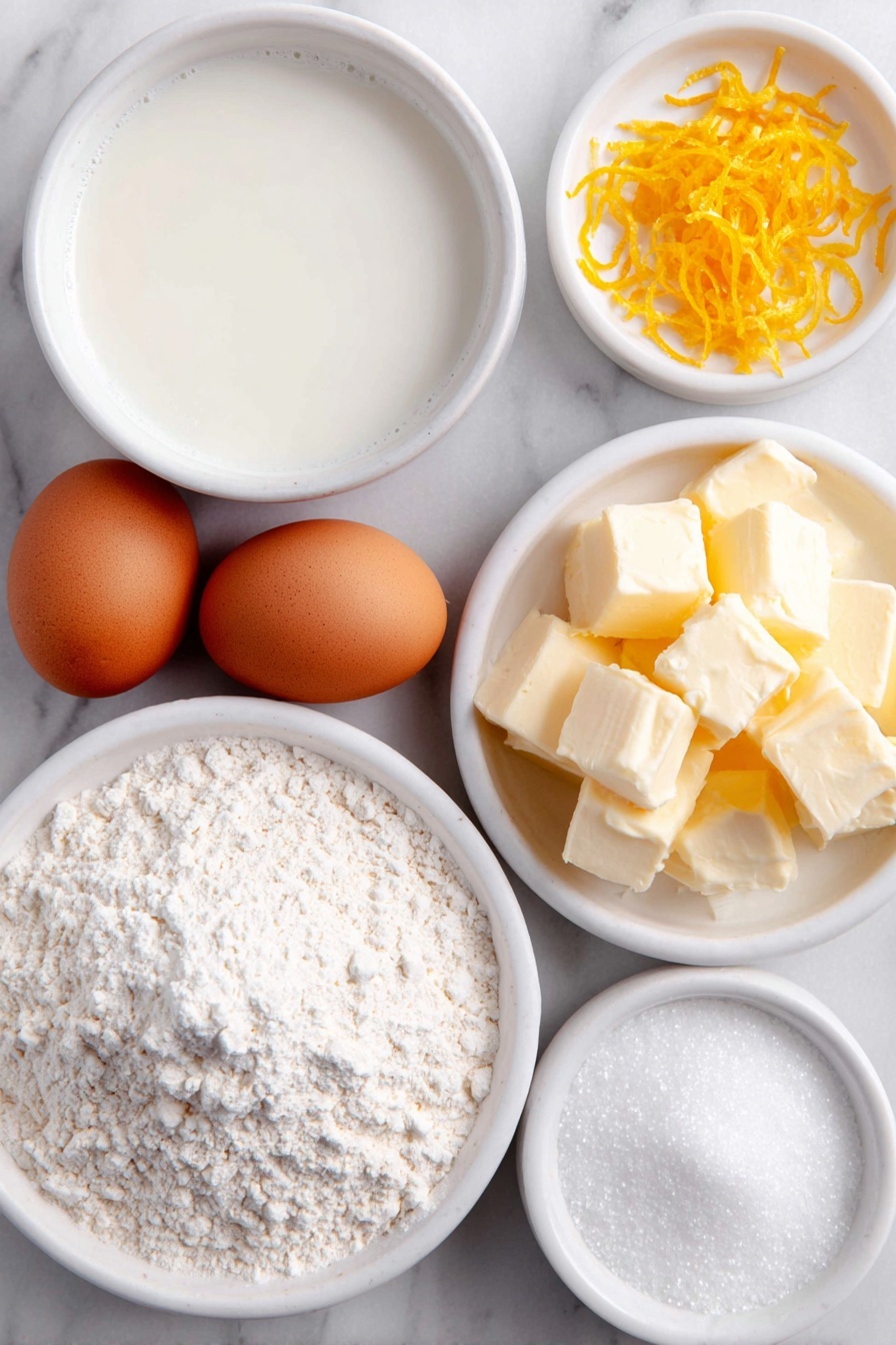 Flat lay of three whole brown eggs with clean shells, a small mound of pale all-purpose flour on a simple white ceramic plate, a small white ceramic bowl filled with creamy whole milk, a few thin strips of bright yellow lemon zest, a small white ceramic bowl of granulated sugar, a tiny pinch of salt crystals on the surface, a small white ceramic bowl of clear vanilla extract, a small white ceramic dish holding several pats of golden unsalted butter, and a small white ceramic bowl of fine white confectioners’ sugar, arranged in perfect symmetry, placed on a clean white marble surface, soft natural light, photo taken with an iPhone, professional food photography style, fresh ingredients, white ceramic bowls, no bottles, no duplicates, no utensils, no packaging --ar 2:3 --v 7 --p m7354615311229779997 - Dutch Baby Pancake with Lemon Zest, Dutch Baby Pancake, Lemon Zest Breakfast, Fluffy Lemon Pancake, Easy brunch recipe