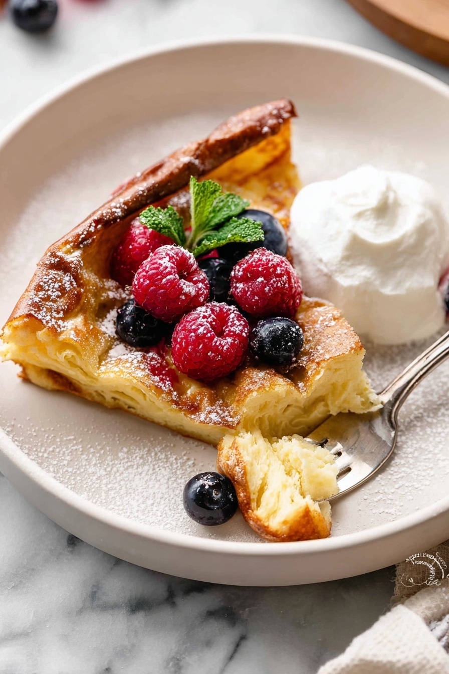 A piece of golden-brown puffed pancake sits on a white plate with a white marbled surface below, topped with a few red raspberries and dark blueberries, dusted lightly with white powdered sugar. A dollop of smooth white whipped cream rests on one side of the pancake. A silver fork holds a small bite of the pancake near the edge of the plate. Photo taken with an iphone --ar 2:3 --v 7 - Dutch Baby Pancake with Lemon Zest, Dutch Baby Pancake, Lemon Zest Breakfast, Fluffy Lemon Pancake, Easy brunch recipe