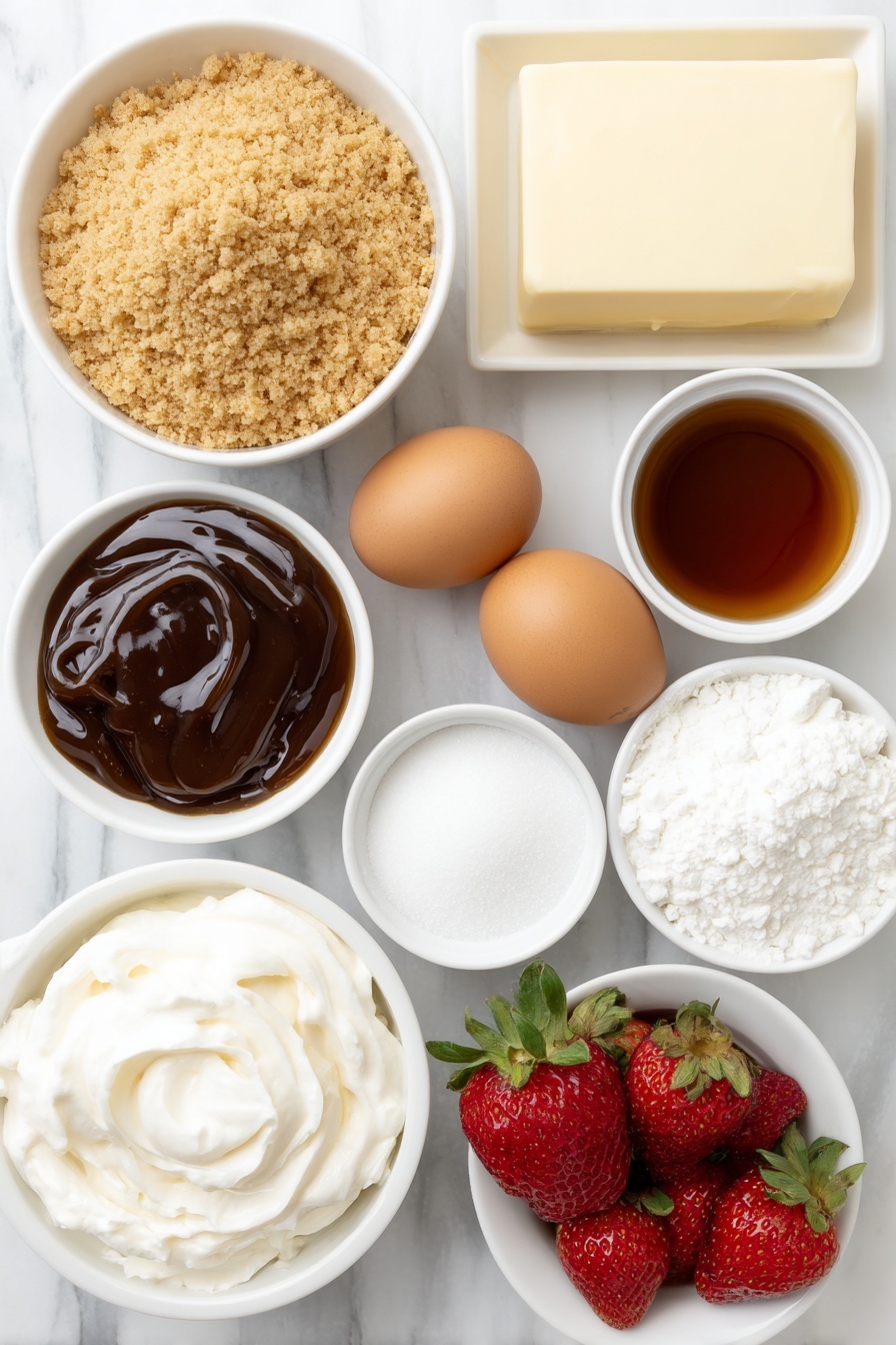 Flat lay of a small mound of golden graham cracker crumbs, a pat of glossy melted salted butter in a white ceramic bowl, two whole brown eggs with clean shells, a block of smooth cream cheese, a small white bowl of granulated sugar, a small white bowl of sour cream, a small white bowl of vanilla extract, a small white bowl of heavy whipping cream, a small white bowl of powdered sugar, a cluster of fresh red strawberries with tops removed, all arranged in perfect symmetry on a clean white marble surface, soft natural light, photo taken with an iPhone, professional food photography style, fresh ingredients, white ceramic bowls, no bottles, no duplicates, no utensils, no packaging --ar 2:3 --v 7 --p m7354615311229779997 - Festive Santa Hat Mini Cheesecakes, holiday cheesecakes, mini cheesecake recipe, Christmas dessert ideas, festive holiday treats