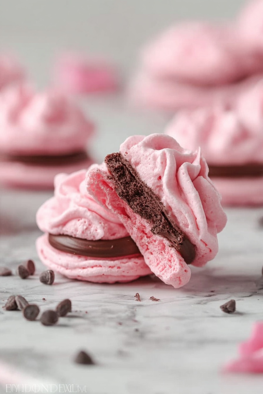 The image shows a close-up of a small pink meringue sandwich cookie on a white marbled surface. The cookie has two soft pink swirled meringue layers, each with a light and airy texture, with a thick middle layer of rich dark chocolate filling. More pink meringue cookies and scattered dark chocolate chips are blurred in the background, creating depth. Photo taken with an iphone --ar 2:3 --v 7 - Raspberry Meringue Sandwiches with Chocolate Ganache, raspberry meringue dessert, chocolate ganache treats, elegant berry pastry, easy meringue sandwich recipe
