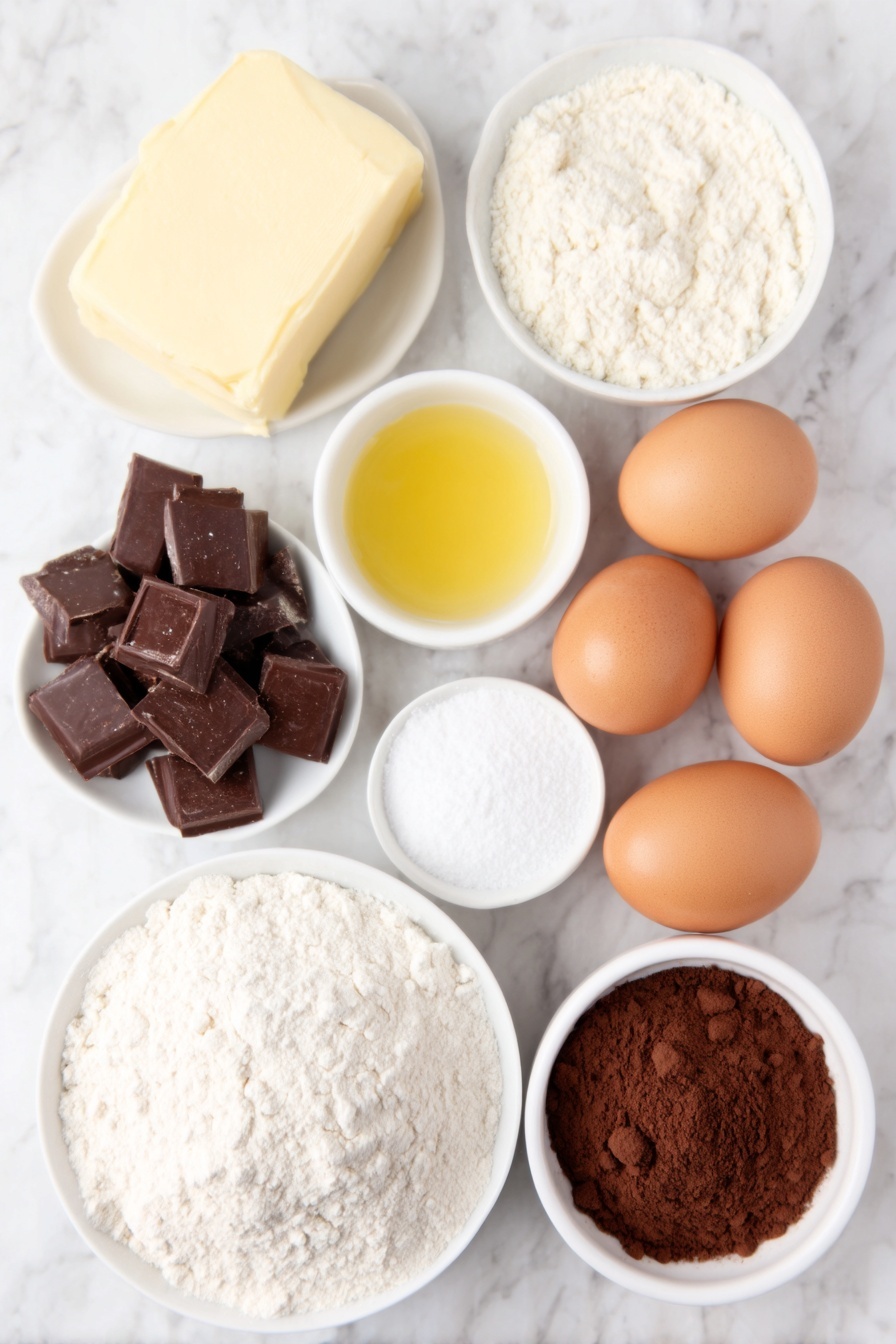 Flat lay of a small mound of white caster sugar, a neat pile of self-raising flour, a small heap of cocoa powder, a small white ceramic bowl of golden vegetable oil, a small white ceramic bowl of whole milk, three large whole brown eggs with clean shells, one whole bright orange with smooth skin, roughly chopped pieces of glossy dark chocolate orange, a small slab of pale yellow salted butter, a small white ceramic bowl filled with fine icing sugar, a tiny white ceramic bowl containing cocoa powder, a tiny white ceramic bowl of clear boiling water, seven round glossy red Smarties, seven small salted pretzels, fourteen tiny edible eyes, all arranged symmetrically on a simple white ceramic plate and bowls placed on a clean white marble surface, soft natural light, photo taken with an iPhone, professional food photography style, fresh ingredients, white ceramic bowls, no bottles, no duplicates, no utensils, no packaging --ar 2:3 --v 7 --p m7354615311229779997 - Chocolate Orange Reindeer Cake, festive holiday cake, Christmas dessert with orange and chocolate, reindeer themed cake recipe, easy holiday cake idea
