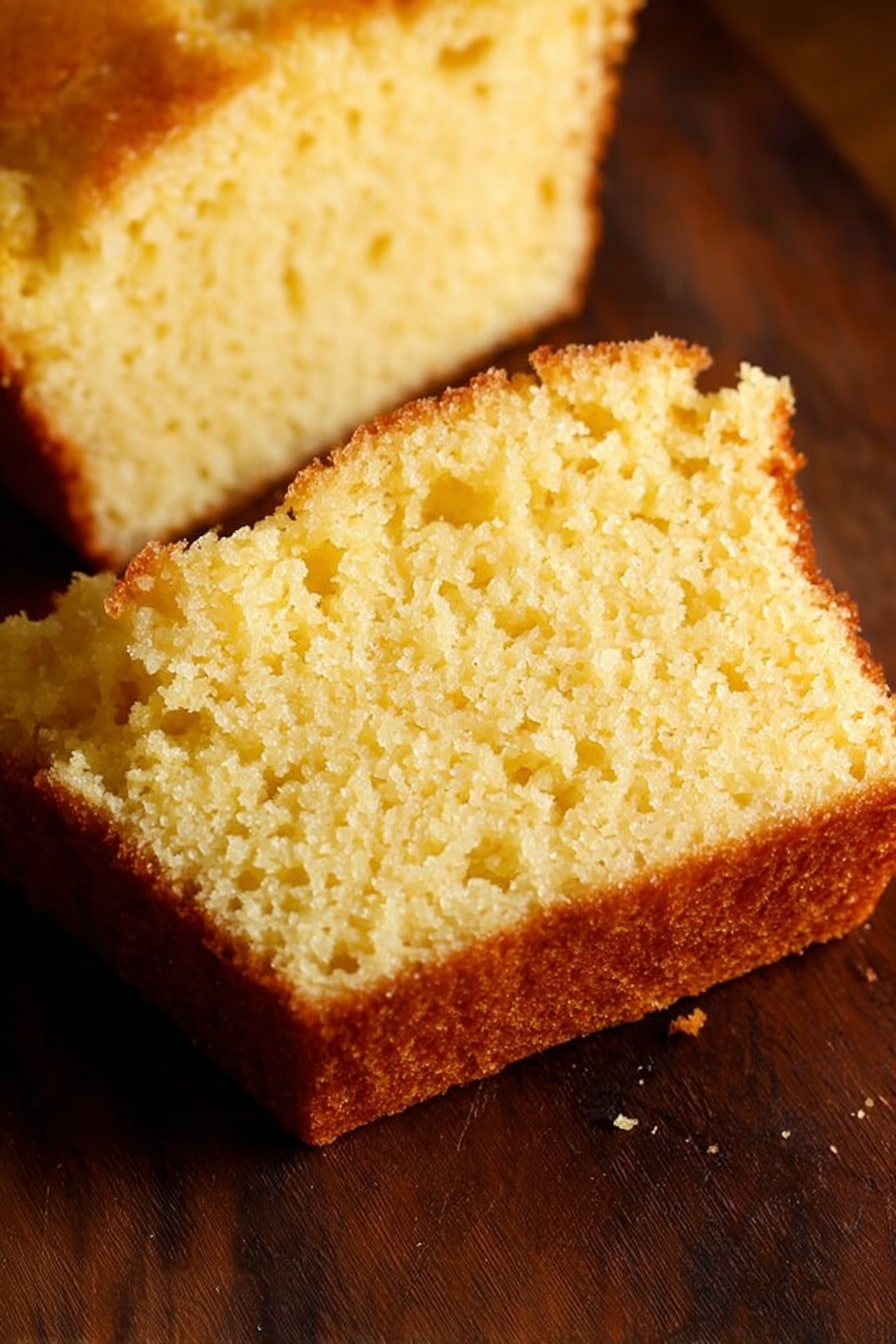 The image shows two slices of yellow cornbread with a slightly crumbly texture and a golden brown crust on the top and edges. The cornbread slices are placed closely on a dark wooden surface, with the top slice mostly visible and the second slice partially seen behind it. The inside of the cornbread looks soft and moist with small air pockets, and the crust appears lightly crisp. photo taken with an iphone --ar 2:3 --v 7 - Orange Ricotta Pound Cake, citrus pound cake with ricotta, easy orange cake recipe, moist lemon ricotta cake, bright citrus pound cake