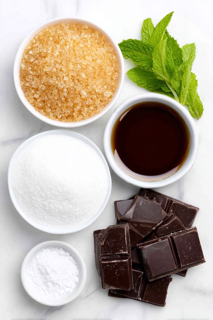 Flat lay of a small pile of golden gelatin granules, a neat mound of fine white granulated sugar, a small white ceramic bowl filled with glossy clear corn syrup, a tiny pinch of coarse salt crystals, a small white dish holding fresh green mint leaves, a heap of soft white powdered sugar, a handful of bright orange candy melts scattered neatly, and several pieces of rich dark chocolate chunks, all arranged in perfect symmetry on a clean white marble surface, soft natural light, photo taken with an iPhone, professional food photography style, fresh ingredients, white ceramic bowls, no bottles, no duplicates, no utensils, no packaging --ar 2:3 --v 7 --p m7354615311229779997 - Mint Snowman Marshmallows, holiday marshmallow treats, festive marshmallow decorations, minty holiday snacks, easy winter dessert