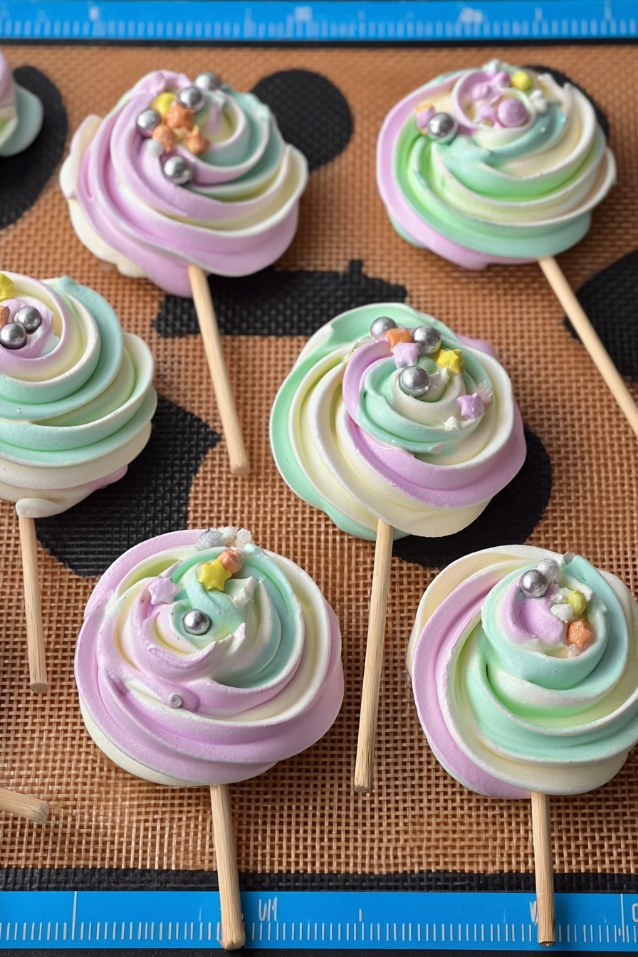 The image shows several swirled lollipop-shaped meringue cookies on a brown silicone baking mat with black circles and a blue ruler at the top. Each meringue has three layers of swirled colors: light green, light purple, and white, creating a soft pastel swirl pattern. The meringues are topped with small decorations like silver balls and tiny star-shaped sprinkles in yellow, white, purple, and orange. Thin wooden sticks are inserted into the side of each meringue, making them look like lollipops. The mat has a textured pattern and the whole setup is placed on a black perforated tray. photo taken with an iphone --ar 2:3 --v 7 - Colorful Meringue Lollipops, Vibrant Meringue Treats, Easy Meringue Candy, Bright Dessert Ideas, DIY Meringue Lollipops