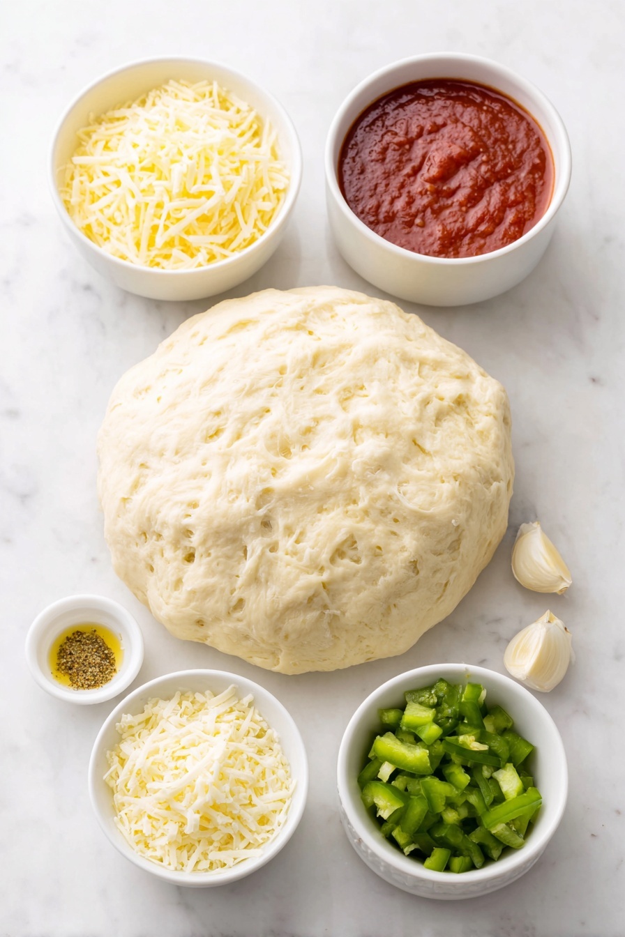 Flat lay of fresh pizza dough ball, diced red bell pepper pieces, a whole green jalapeno pepper, shredded torn mozzarella cheese, small white ceramic bowl of Italian seasoning mix, small white ceramic bowl of bright red pizza sauce, three uncracked garlic cloves, loosely piled fresh basil leaves, small white ceramic bowl of grated parmesan cheese, all arranged symmetrically in a balanced layout, placed on a clean white marble surface, soft natural light, photo taken with an iPhone, professional food photography style, fresh ingredients, white ceramic bowls, no bottles, no duplicates, no utensils, no packaging --ar 2:3 --v 7 --p m7354615311229779997 - Festive Pull-Apart Christmas Tree Pizza Bites, Christmas appetizer ideas, holiday finger foods, cheesy pizza bites for holidays, Christmas party snacks
