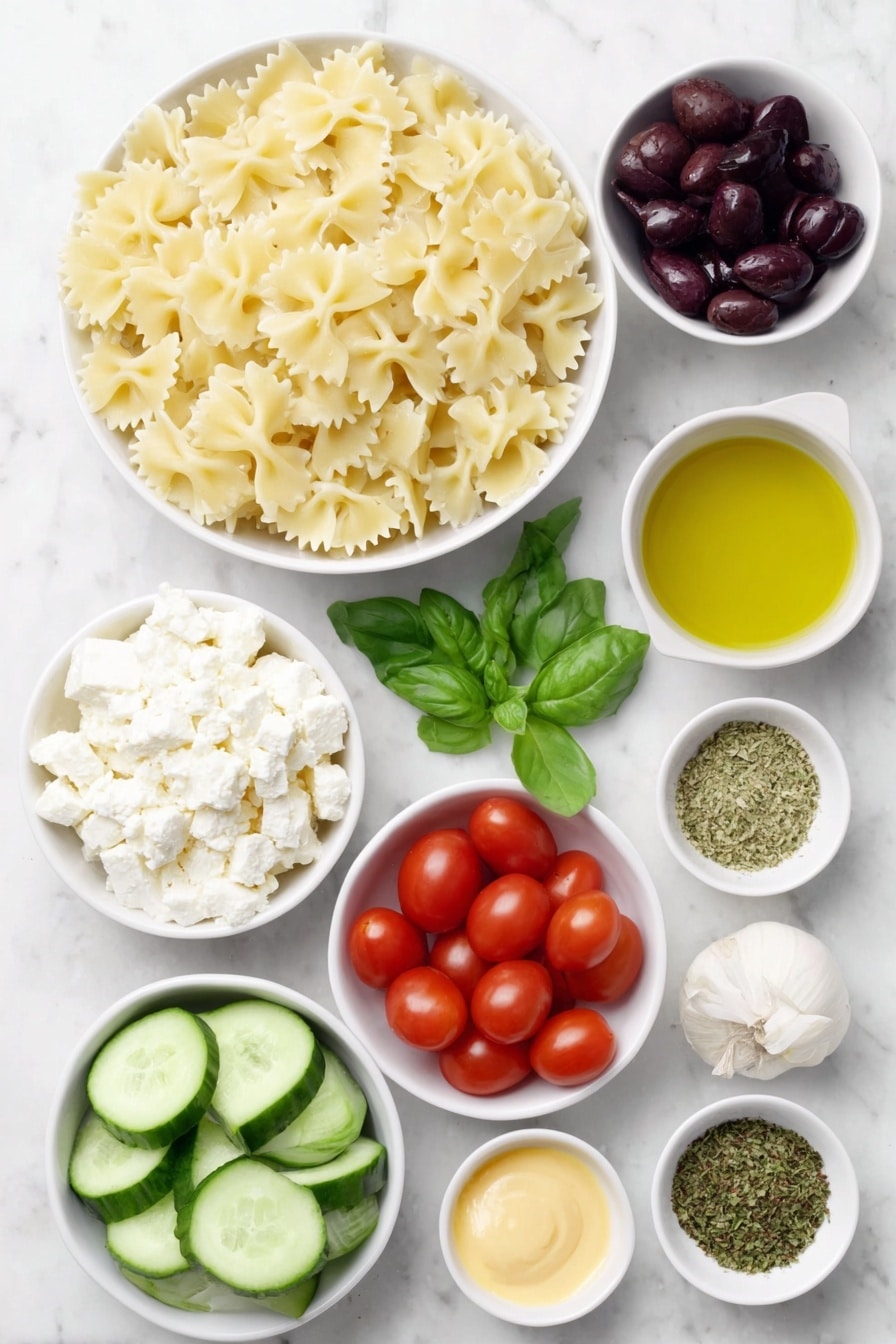 Flat lay of farfalle pasta uncooked arranged neatly, two fresh cucumbers halved lengthwise and thinly sliced, a heap of halved bright red cherry tomatoes, a small pile of roughly chopped dark purple Kalamata olives, several white ceramic bowls containing crumbled white feta cheese cut into batons, torn vibrant green basil leaves, a small white bowl filled with golden extra virgin olive oil, a small white bowl of amber apple cider vinegar, two whole uncracked garlic cloves with clean white skins, a small white bowl holding smooth yellow Dijon mustard, a small white bowl with golden honey, a small white bowl with a mixed Italian herb blend, a small white bowl of coarse kosher salt, and a small white bowl of ground black pepper—all ingredients fresh and natural, perfectly symmetrical and balanced layout, placed on a clean white marble surface, soft natural light, photo taken with an iPhone, professional food photography style, fresh ingredients, white ceramic bowls, no bottles, no duplicates, no utensils, no packaging --ar 2:3 --v 7 --p m7354615311229779997 - Easy Greek Pasta Salad, Greek Pasta Salad, Mediterranean Pasta Salad, quick pasta salad, healthy pasta salad