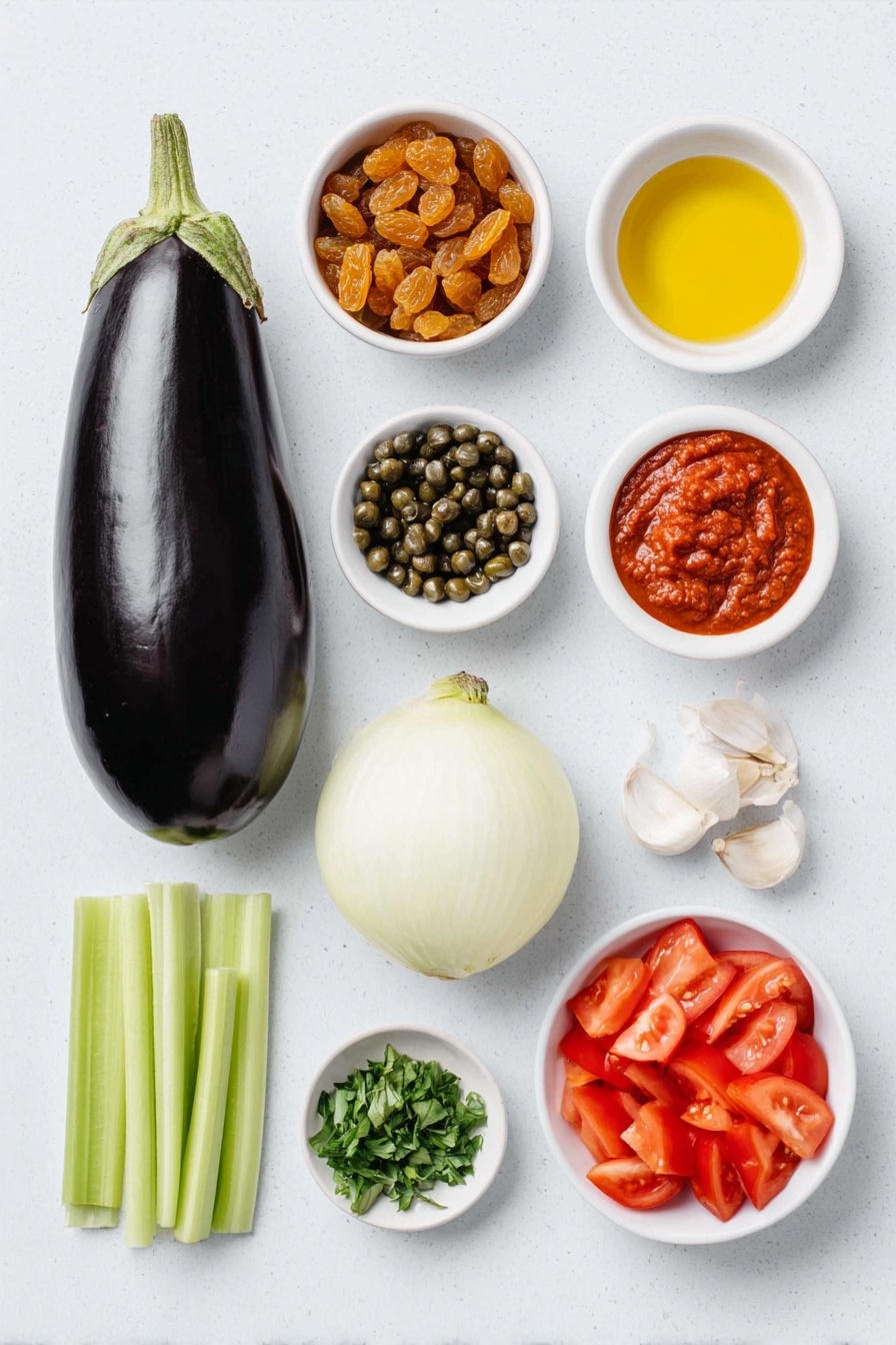 Flat lay of one whole fresh eggplant with glossy deep purple skin, a small white ceramic bowl of golden raisins, a small white ceramic bowl of dark green capers, a small white ceramic bowl with deep red sherry vinegar, a small white ceramic bowl of golden extra-virgin olive oil, half a medium yellow onion with bright layers visible, a single crisp celery stalk diced into small pieces, one vibrant red bell pepper diced, a few grains of coarse sea salt sprinkled nearby, a small white ceramic bowl with thick smooth tomato paste, three whole garlic cloves with papery skins intact, four medium ripe tomatoes diced with bright red flesh and seeds, a small white ceramic bowl of light golden cane sugar, a small pile of freshly chopped bright green parsley, a few fresh basil leaves with rich green color as garnish, several twists of freshly ground black pepper placed artistically, and a stack of toasted crostini slices with golden crusts all arranged with perfect symmetry on a clean white marble surface, soft natural light, photo taken with an iPhone, professional food photography style, fresh ingredients, white ceramic bowls, no bottles, no duplicates, no utensils, no packaging --ar 2:3 --v 7 --p m7354615311229779997 - Eggplant Caponata, Eggplant Caponata recipe, Sicilian eggplant dish, flavorful eggplant appetizer, tangy eggplant stew