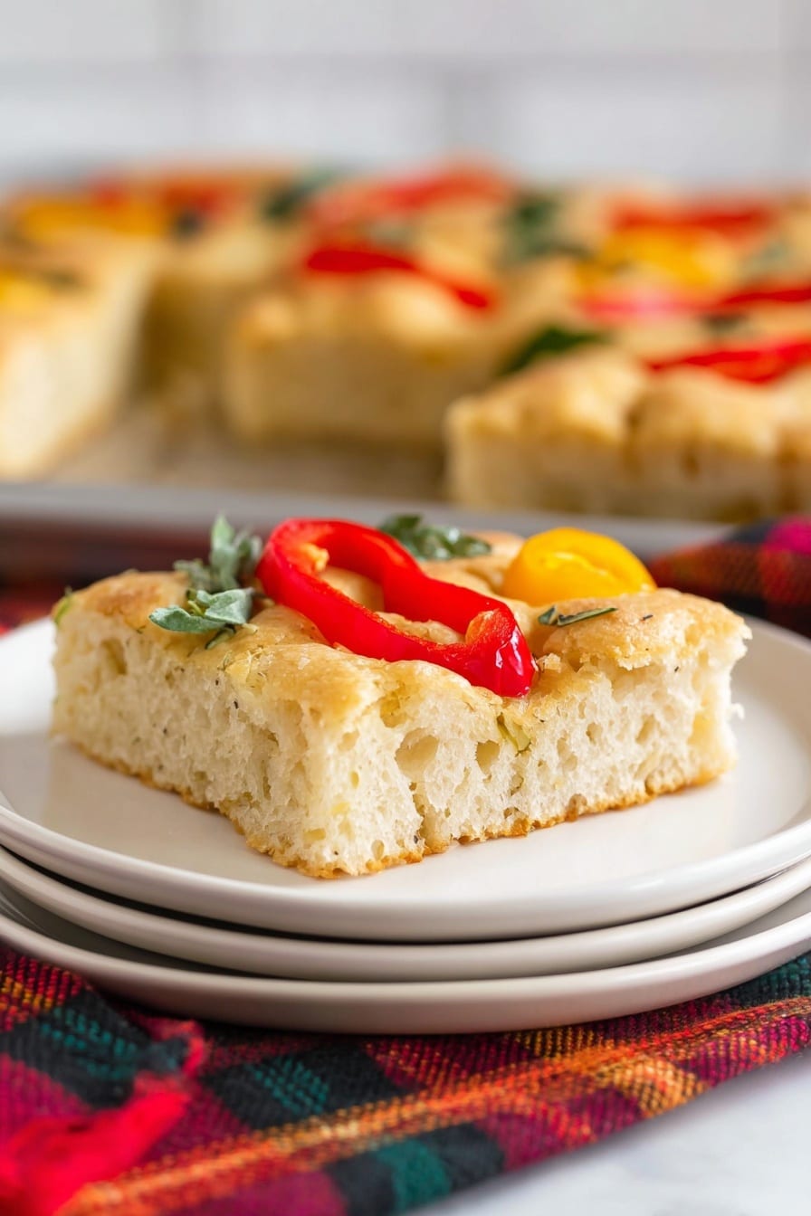 A square piece of thick, soft focaccia bread sits centered on two stacked white plates, showing a light golden crust and an airy, fluffy inside. On top, there are three toppings: a long, curved, bright red pepper strip lying diagonally from the front left to the back right, a small round yellow pepper near the front left corner, and some green leafy herbs near the center-right. In the blurred background, a larger pan of similar focaccia bread with scattered red peppers can be seen resting on a white marbled surface. A red, orange, and black plaid cloth lies slightly blurred in the foreground. Photo taken with an iphone --ar 2:3 --v 7 - Poinsettia Focaccia Bread with Bell Peppers, festive focaccia bread recipe, holiday bread ideas, easy holiday bread, colorful baked bread for Christmas