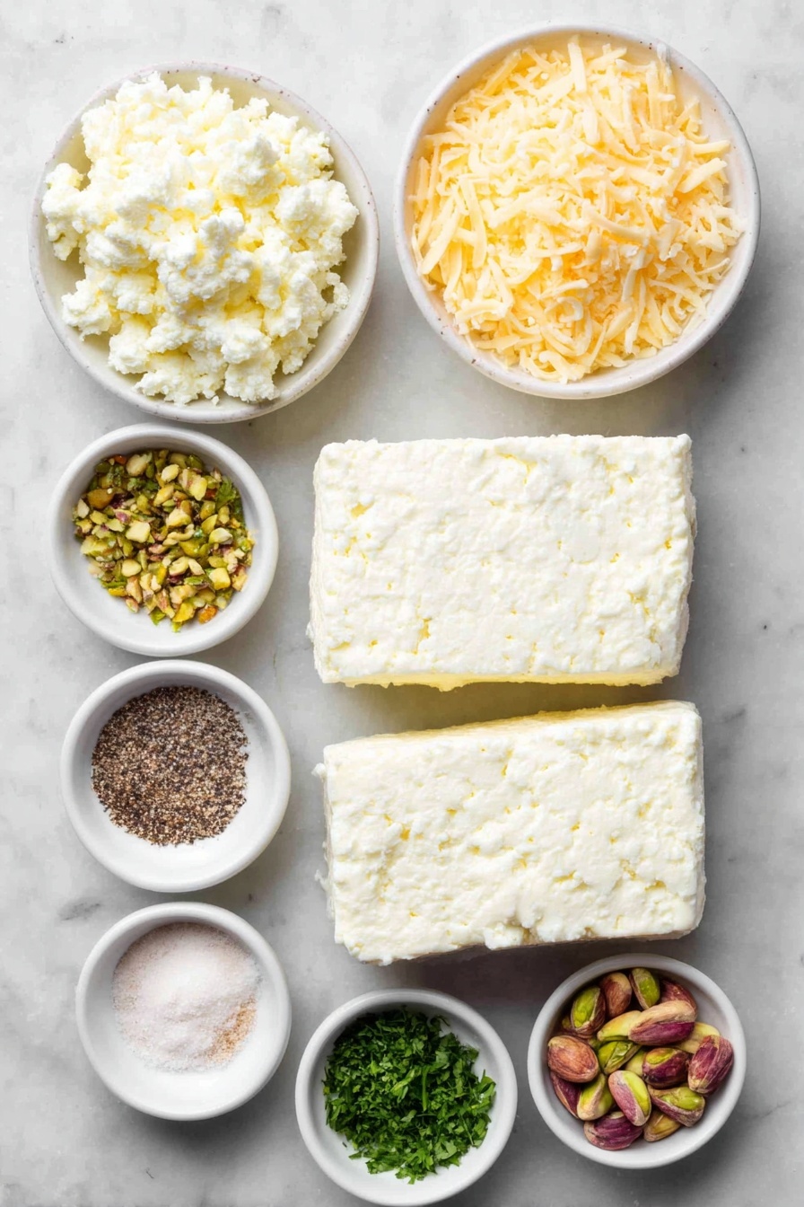 Flat lay of three blocks of soft cream cheese, a small mound of shredded sharp cheddar cheese, a small mound of shredded Monterey Jack cheese, two small white ceramic bowls each filled with chopped fresh parsley, a small white bowl with garlic powder, a small white bowl with onion powder, a small white bowl with Italian seasoning, a small white bowl with ground black pepper, a small white bowl with salt, a small white bowl with roughly chopped pistachios, a small white bowl with pine nuts, a quarter of a yellow bell pepper diced, a quarter of a red bell pepper diced, all arranged symmetrically on a clean white marble surface, soft natural light, photo taken with an iPhone, professional food photography style, fresh ingredients, white ceramic bowls, no bottles, no duplicates, no utensils, no packaging --ar 2:3 --v 7 --p m7354615311229779997 - Festive Christmas Tree Cheese Ball, Christmas appetizer, holiday cheese ball, Christmas party finger food, Christmas cheese ball decoration