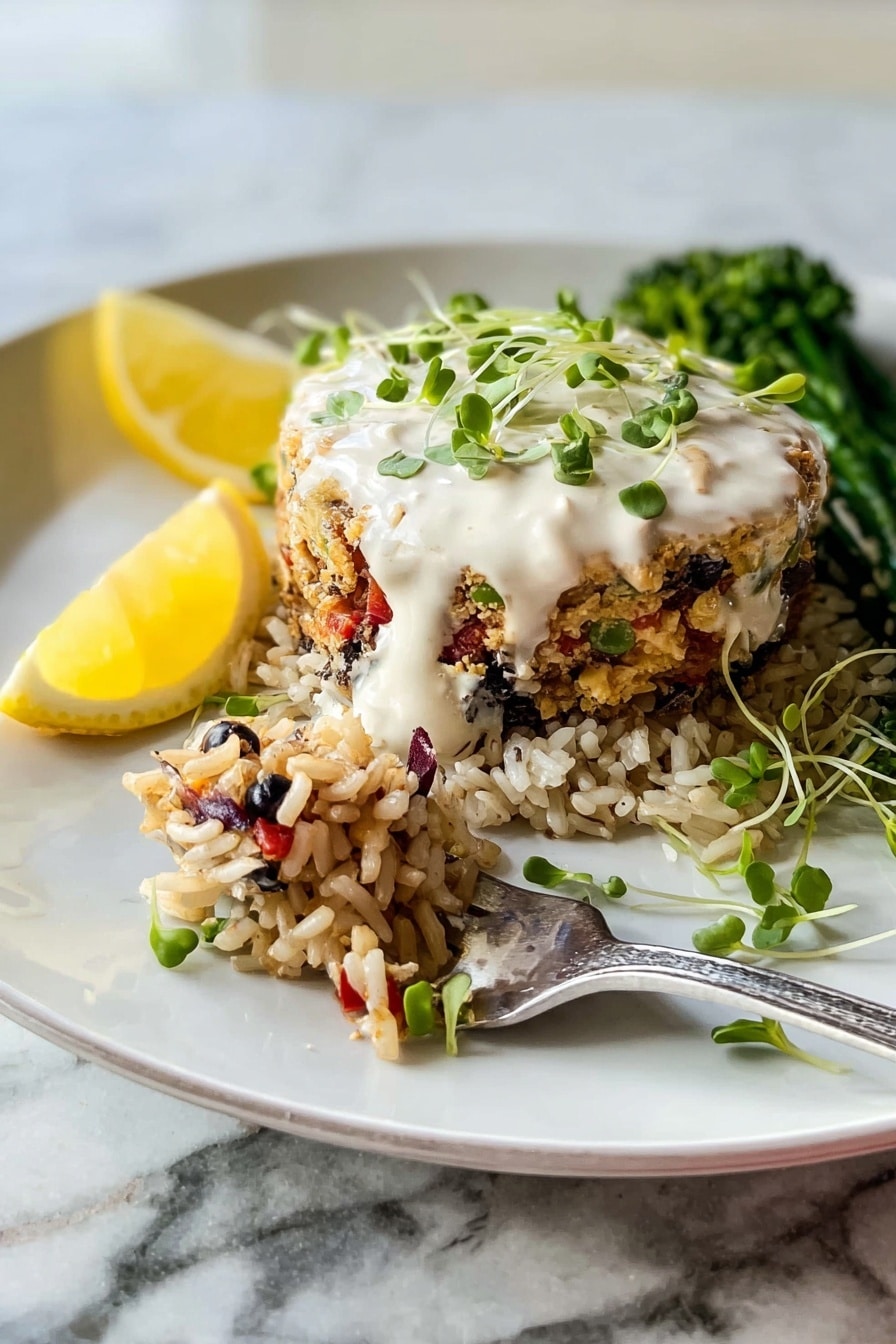 The image shows a white plate with a dish made of three main parts: at the bottom is a layer of finely cooked quinoa that looks light beige with tiny dark specks; on top is a thick, round patty mixed with small red and purple bits, giving it a slightly bumpy texture and golden brown edges; on the patty is a dollop of creamy white sauce decorated with small green leaves and sprouts. Near the top of the plate, there are bright green broccolini stalks arranged side by side, and at the bottom left, two lemon wedges with a bright yellow rind and pale yellow flesh sit on the plate. The plate is placed on a white marbled textured surface. photo taken with an iphone --ar 2:3 --v 7 - Hearts of Palm Crab Cakes, plant-based crab cakes, vegan seafood alternative, easy crab cake recipe, healthy crab cake recipe