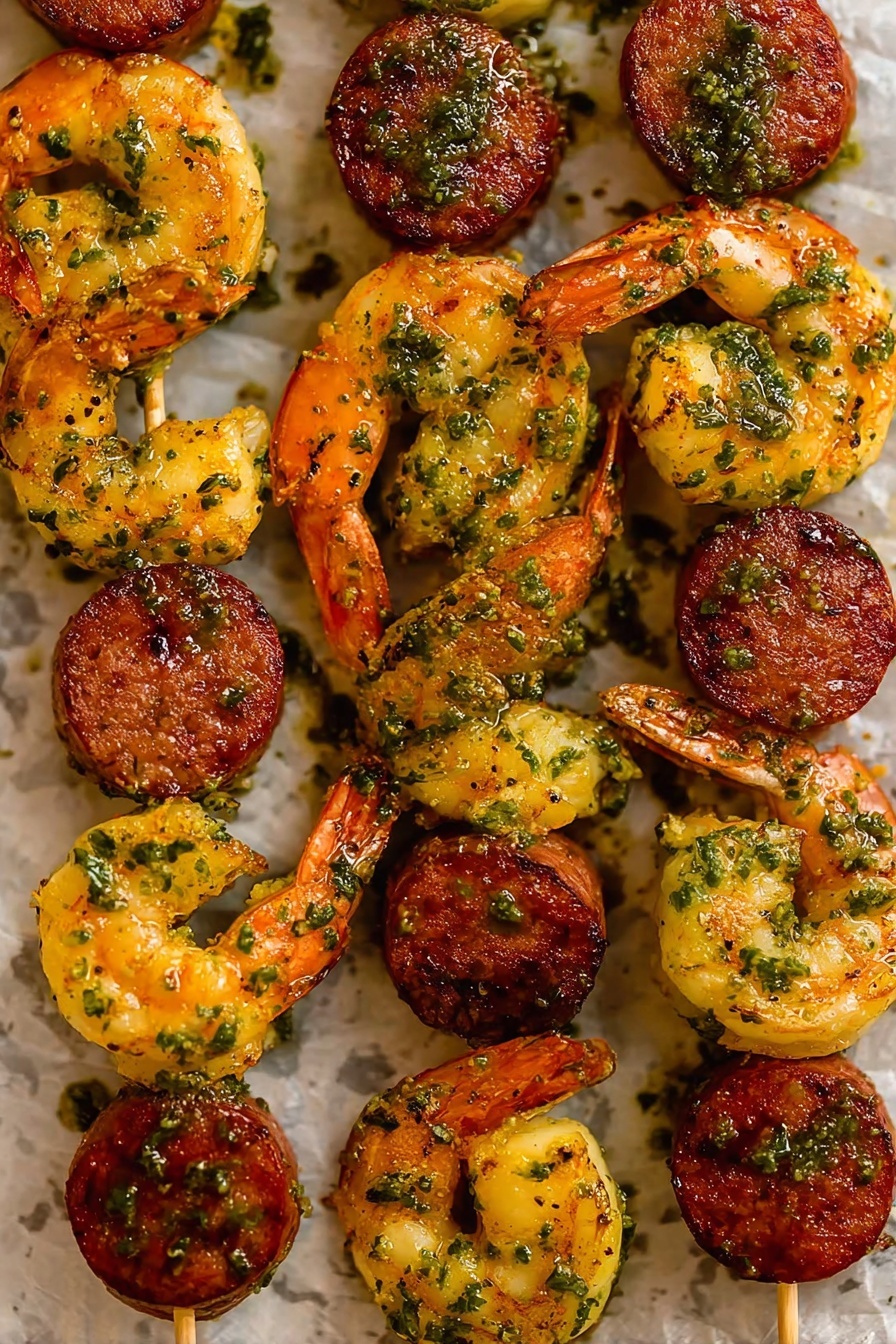 The image shows several skewers of shrimp and sausage slices arranged closely together on parchment paper. Each skewer has two curled, golden-yellow shrimp with a slight char and green herb sauce drizzled on them, paired with one round, reddish-brown sausage slice in the middle. The shrimp have a slightly textured surface with visible seasoning, and the sausages look seared with a rough, crispy edge. The background is a white marbled texture. The photo taken with an iphone --ar 2:3 --v 7 - Herb Grilled Shrimp and Chorizo Skewers, grilled shrimp and chorizo skewers, summer seafood and sausage recipes, easy BBQ skewers, flavorful shrimp and chorizo dish