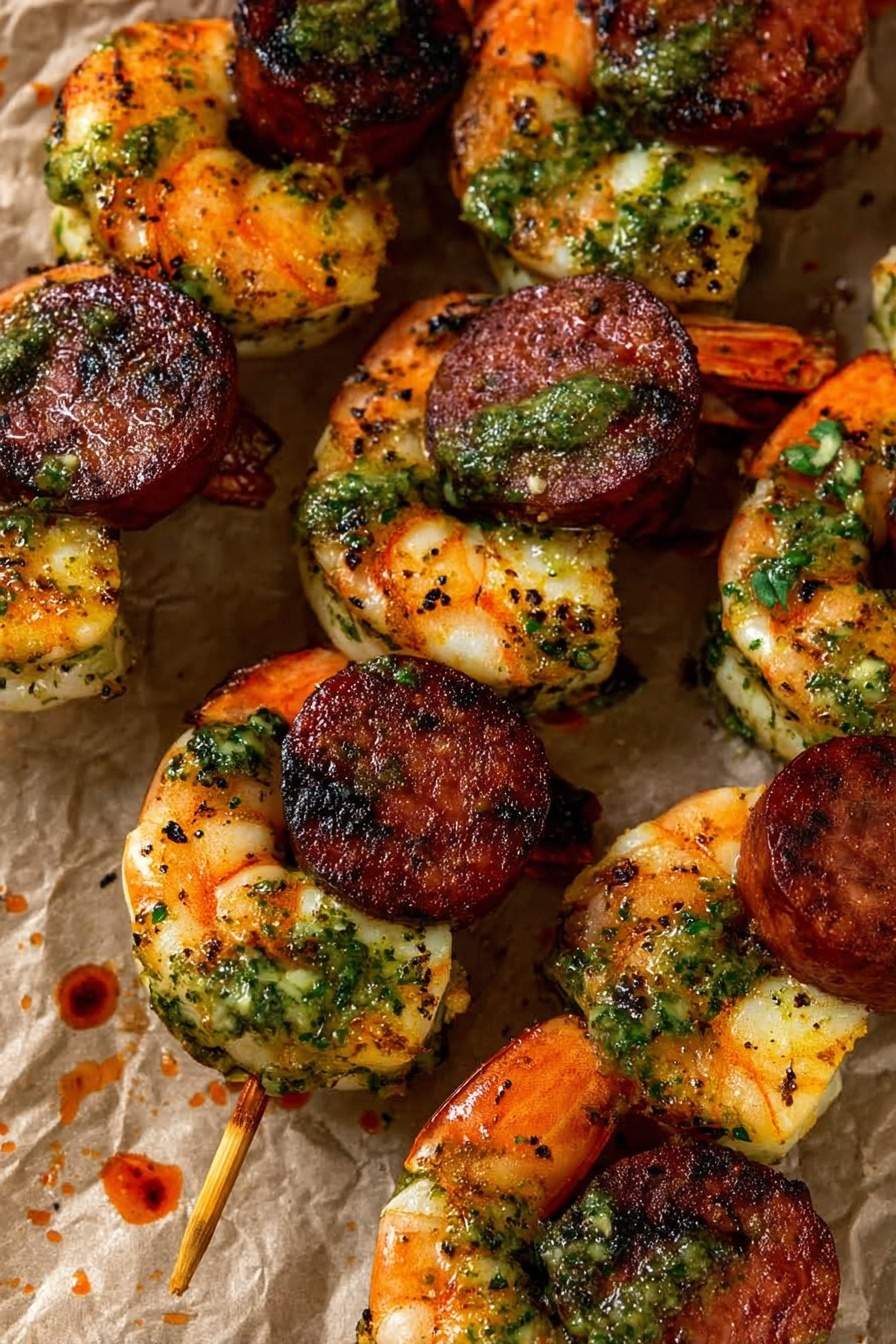 The image shows close-up grilled skewers with a combination of two layers on each skewer. The base layer is large shrimp that are slightly curved with white and orange flesh, speckled with black grill marks and a drizzle of green sauce that looks like herb pesto. On top of each shrimp is a thick, round slice of dark reddish-brown sausage with a coarse texture and some charred spots from grilling. The skewers rest on crumpled parchment paper with small green and reddish sauce drops scattered around. Photo taken with an iphone --ar 2:3 --v 7 - Herb Grilled Shrimp and Chorizo Skewers, grilled shrimp and chorizo skewers, summer seafood and sausage recipes, easy BBQ skewers, flavorful shrimp and chorizo dish