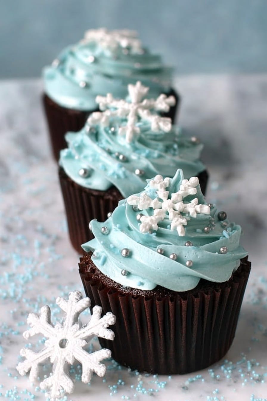 Three chocolate cupcakes in dark brown paper cups are lined up diagonally on a white marbled surface with a light blue sprinkle decoration. Each cupcake has one thick layer of smooth, light blue frosting piped in a spiral on top. White snowflake decorations of different sizes are placed on the frosting, along with small white and silver round sprinkles scattered across the frosting and surface. A large white snowflake is laid on the surface near the closest cupcake. photo taken with an iphone --ar 2:3 --v 7 - Chocolate Cupcakes with Vanilla Buttercream Frosting, moist chocolate cupcakes, homemade vanilla frosting, easy cupcake recipe, birthday cupcake ideas