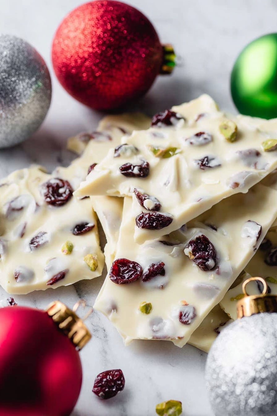 The image shows several pieces of white chocolate bark with visible dried cranberries and nuts embedded inside. Each piece has an uneven shape with a smooth white chocolate surface and dark red and brown bits scattered throughout. The bark pieces lay on a white marbled surface, surrounded by small Christmas ornaments in shiny red, silver, and green colors. Some stray pieces of nuts and dried cranberries are on the surface around the bark. photo taken with an iphone --ar 2:3 --v 7 - Cranberry Pistachio White Chocolate Bark, holiday white chocolate bark, easy festive treats, quick dessert recipes, crunchy white chocolate snacks