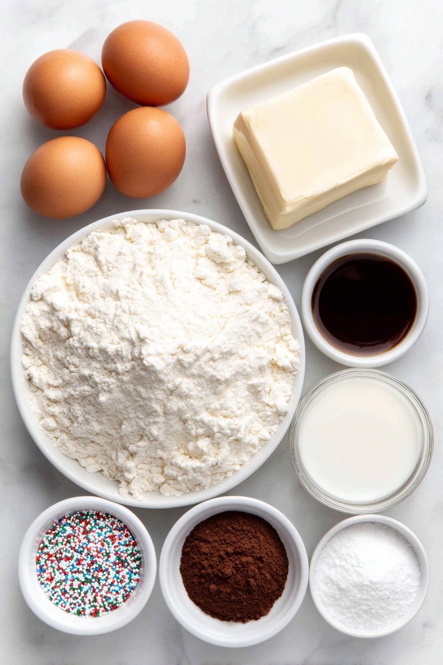 Flat lay of a small mound of all-purpose flour on a simple white ceramic plate, a small white ceramic bowl filled with baking soda powder, another small white ceramic bowl holding salt crystals, two whole uncracked brown eggs, a small white ceramic bowl of granulated sugar, a square of fresh butter on a white ceramic dish, a small white ceramic bowl with clear vanilla extract liquid, a small white ceramic bowl with almond extract liquid, a small white ceramic bowl filled with milk, a small white ceramic bowl filled with white confectioners’ sugar powder, a second small white ceramic bowl with cocoa powder, a small white ceramic bowl of multi-colored round sprinkles, all meticulously arranged with perfect symmetry and balanced proportions, placed on a clean white marble surface, soft natural light, photo taken with an iPhone, professional food photography style, fresh ingredients, white ceramic bowls, no bottles, no duplicates, no utensils, no packaging --ar 2:3 --v 7 --p m7354615311229779997 - Festive Christmas Donuts with Glazes, holiday donuts recipe, Christmas breakfast ideas, easy holiday donuts, colorful holiday treats