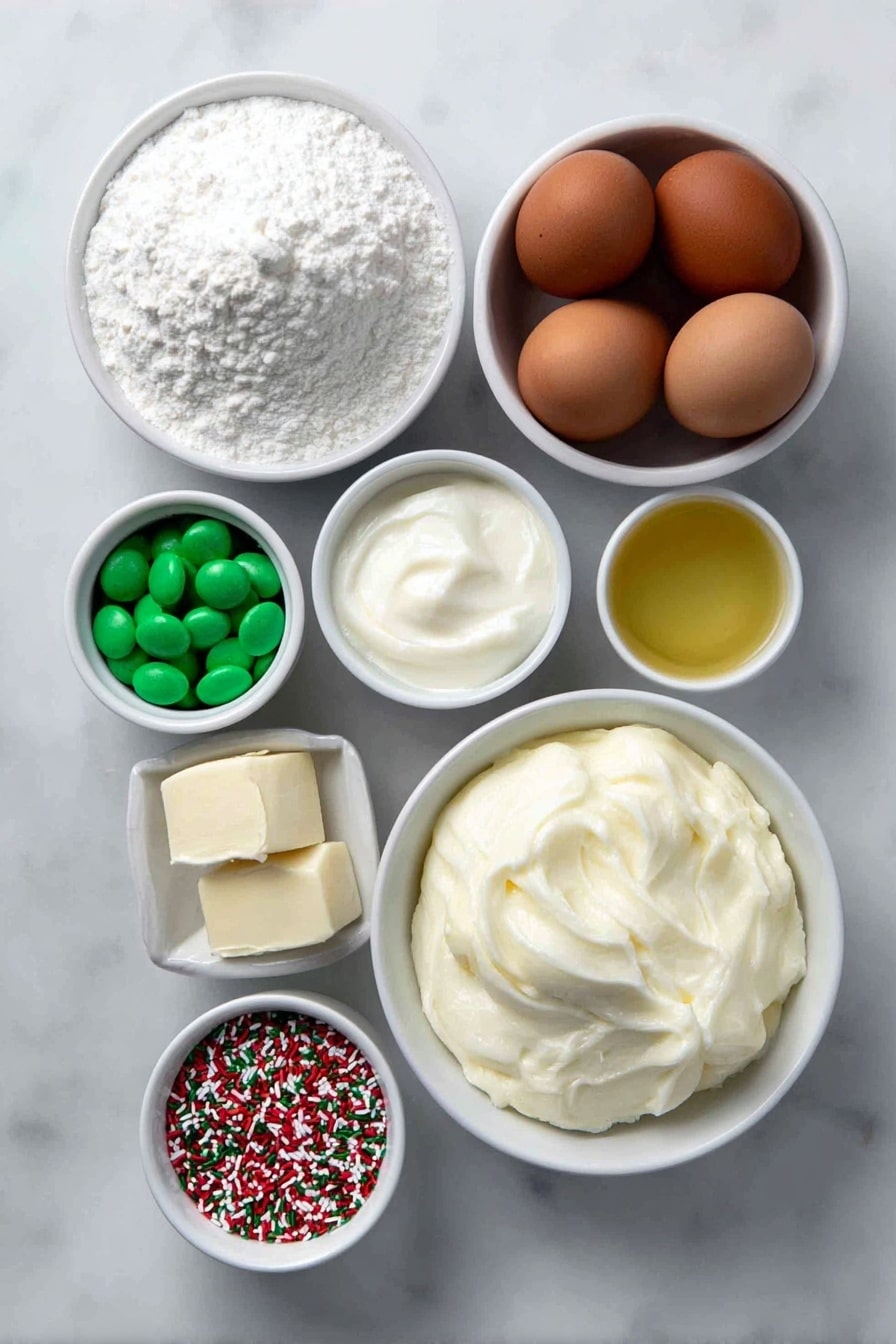 Flat lay of a small pile of white cake mix powder, a small white ceramic bowl of clear water, a small white ceramic bowl filled with golden vegetable oil, three whole brown eggs with clean shells arranged neatly, a small white ceramic bowl of smooth creamy vanilla frosting, three small white ceramic bowls containing melted candy melts in red, green, and white colors, and a scattering of colorful assorted sprinkles and mini pretzels on the side, all ingredients fresh and natural, perfectly balanced and symmetrical, placed on a clean white marble surface, soft natural light, photo taken with an iPhone, professional food photography style, fresh ingredients, white ceramic bowls, no bottles, no duplicates, no utensils, no packaging --ar 2:3 --v 7 --p m7354615311229779997 - Christmas Cake Pops, holiday cake pops, festive dessert treats, easy Christmas treats, bite-sized holiday desserts
