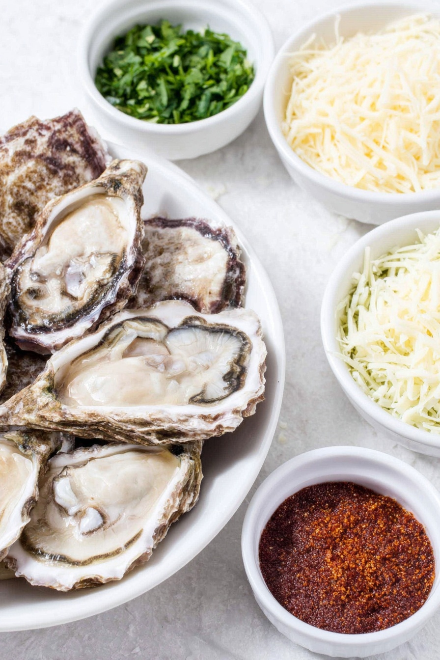 Flat lay of fresh opened oysters on half shells with glistening briny flesh, small white ceramic bowls of finely shredded Parmesan cheese and sharp cheddar cheese, a small white bowl filled with vibrant red-orange creole seasoning, a few bright green sprigs of freshly chopped parsley arranged loosely, all ingredients looking fresh and natural, placed on a clean white marble surface, soft natural light, photo taken with an iPhone, professional food photography style, fresh ingredients, white ceramic bowls, no bottles, no duplicates, no utensils, no packaging --ar 2:3 --v 7 --p m7354615311229779997 - Baked Oysters with Cheesy Creole Seasoning, baked oyster appetizer, cheesy creole oyster recipe, spicy cheesy oyster dish, easy oyster appetizer