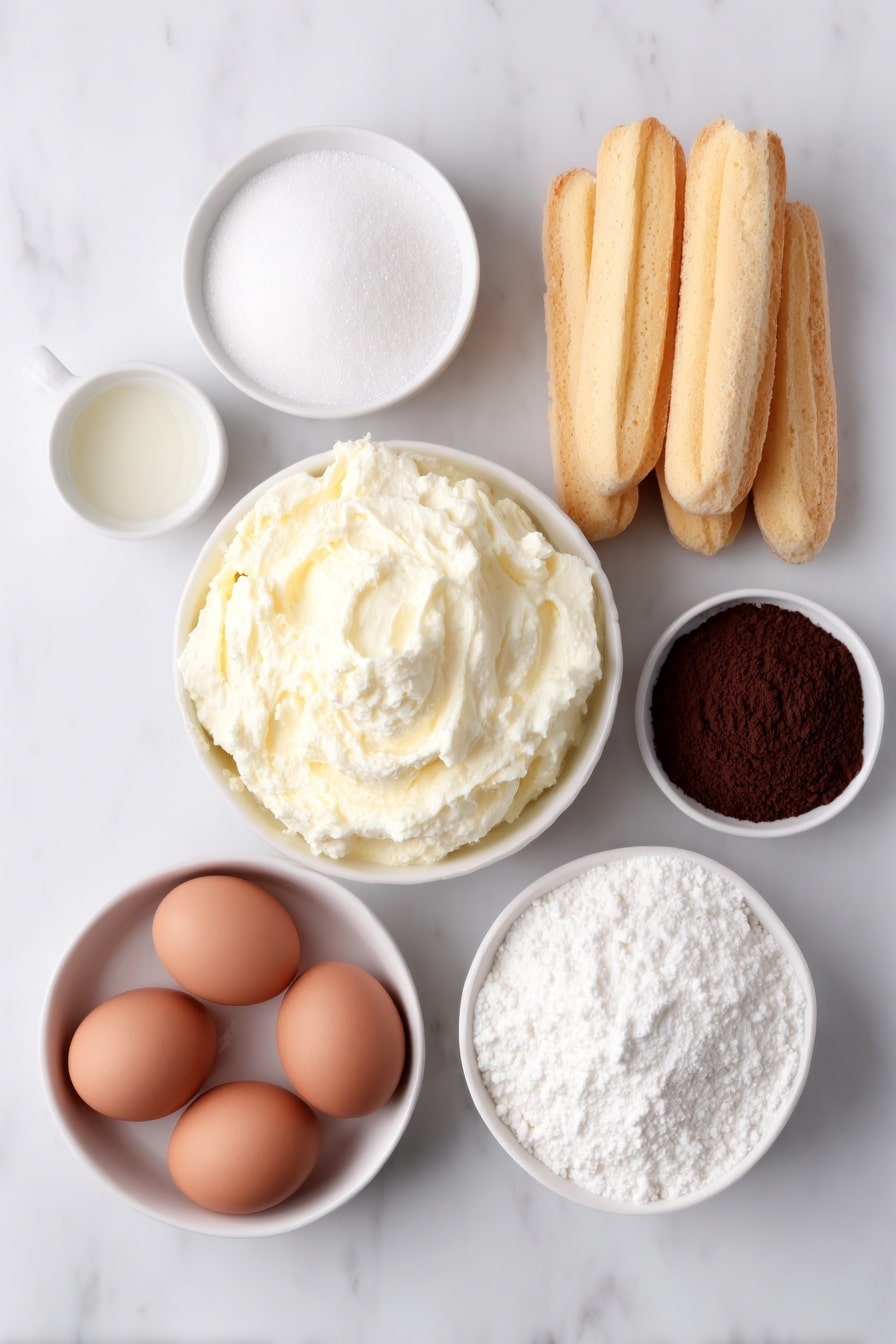 Flat lay of a smooth mound of fresh mascarpone cheese, four whole uncracked brown eggs, a small white bowl filled with fine granulated sugar, a tiny white bowl with clear vanilla extract, a pinch of natural sea salt crystals in a white bowl, a small white bowl holding thick heavy cream, several crisp golden ladyfingers neatly arranged, a small white bowl of strong black coffee, and a small white bowl of rich cocoa powder, all placed on a clean white marble surface, soft natural light, photo taken with an iPhone, professional food photography style, fresh ingredients, white ceramic bowls, no bottles, no duplicates, no utensils, no packaging --ar 2:3 --v 7 --p m7354615311229779997 - Classic Italian Tiramisu, Italian Tiramisu, homemade Tiramisu, authentic Tiramisu recipe, easy Tiramisu dessert