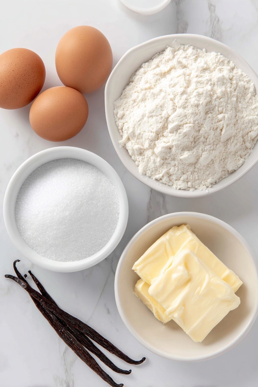 Flat lay of three whole uncracked brown eggs, a small pile of granulated white sugar, a small mound of all purpose flour, a few grains of coarse kosher salt scattered gently, two teaspoons of fine white baking powder in a neat pile, a few vanilla beans next to a small white bowl containing pale yellow melted unsalted butter, and a small white bowl with clear anise extract liquid, all arranged symmetrically on a simple white ceramic surface, placed on a clean white marble surface, soft natural light, photo taken with an iPhone, professional food photography style, fresh ingredients, white ceramic bowls, no bottles, no duplicates, no utensils, no packaging --ar 2:3 --v 7 --p m7354615311229779997 - Easy Italian Pizzelle Cookies, pizzelle cookies recipe, authentic Italian pizzelle, how to make pizzelle cookies, Italian cookie recipes