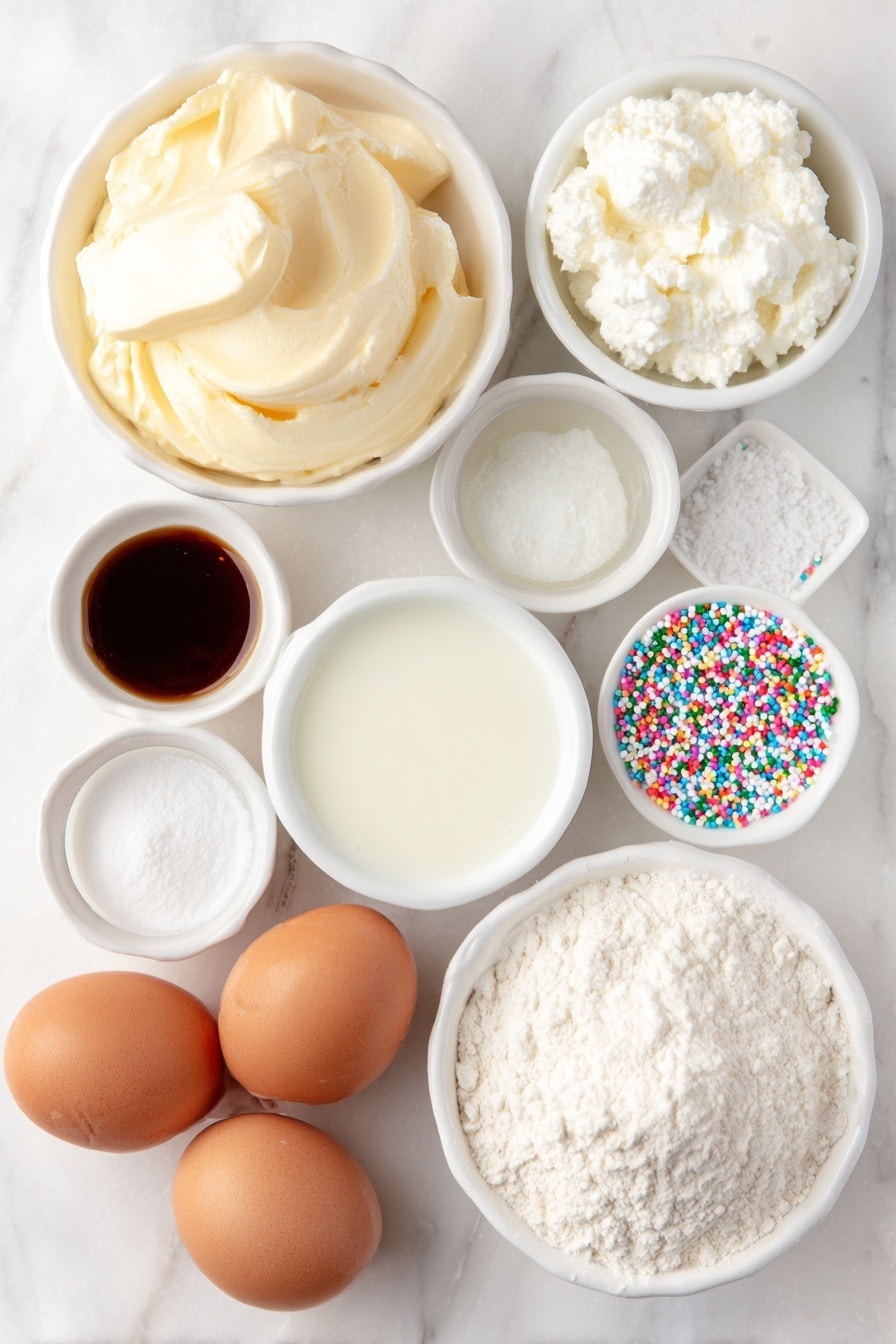 Flat lay of a small mound of softened pale yellow butter, a small white ceramic bowl filled with white granulated sugar, two large brown eggs with smooth uncracked shells, a small white ceramic bowl with fresh whole-milk ricotta cheese showing its creamy white texture, a small white ceramic bowl containing clear vanilla extract, a neat pile of fine white all-purpose flour, a small heap of white baking powder powder, a small pinch of coarse salt crystals, a small white ceramic bowl filled with powdered sugar, a small white ceramic bowl with fresh whole milk, a small white ceramic bowl holding clear almond or anise extract, and a small white ceramic bowl filled with colorful round sprinkles (nonpareils), all arranged symmetrically and balanced with perfect proportions, placed on a clean white marble surface, soft natural light, photo taken with an iPhone, professional food photography style, fresh ingredients, white ceramic bowls, no bottles, no duplicates, no utensils, no packaging --ar 2:3 --v 7 --p m7354615311229779997 - Italian Ricotta Cookies with Glaze, Ricotta cookie recipe, Italian dessert cookies, Cakey ricotta cookies, Easy Italian cookies with glaze