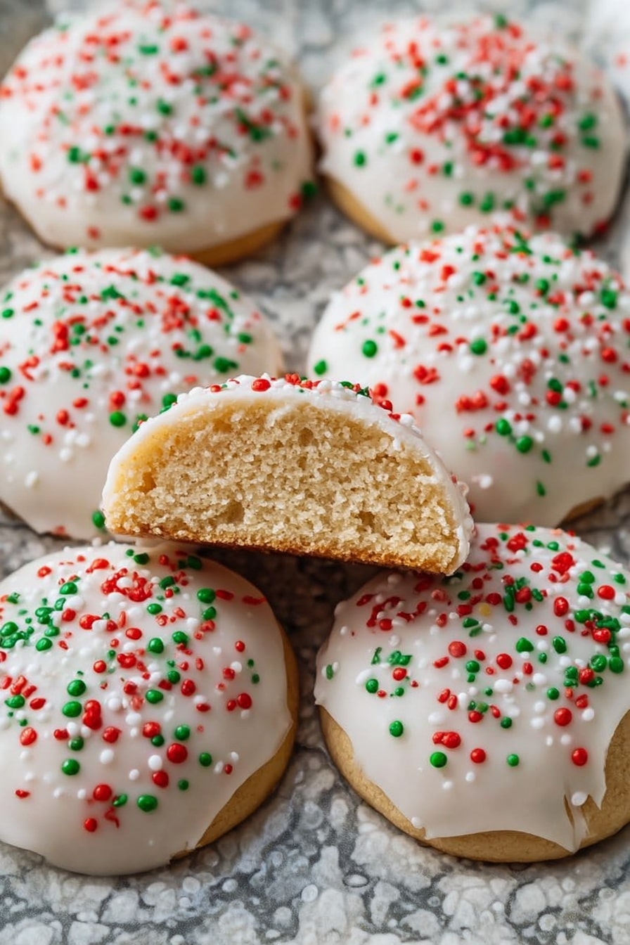 The image shows a close-up of six round cookies on a white marbled textured background, arranged in a shallow tray with a grayish patterned surface. Each cookie has two layers: a soft, light tan bottom layer and a thick white icing layer on top. The icing layer is smooth and slightly drips down the sides of the cookies, sprinkled evenly with small red, green, and orange round sprinkles. One cookie is shown in the front, cut in half horizontally to reveal the soft inside texture of the bottom layer beneath the icing. The angle gives a clear view of the cookie layers, colors, and the festive sprinkles creating a colorful contrast against the white icing. photo taken with an iphone --ar 2:3 --v 7 - Italian Ricotta Cookies with Glaze, Ricotta cookie recipe, Italian dessert cookies, Cakey ricotta cookies, Easy Italian cookies with glaze