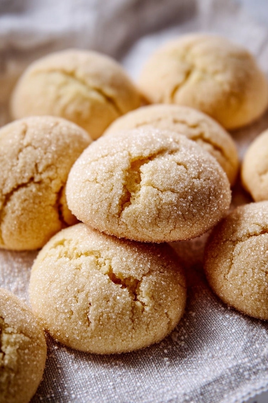 The image shows a close-up of nine soft, round cookies with a light golden color, each covered in a fine layer of sugar crystals that give a sparkling effect. The cookies have a cracked top surface with rough edges where the cracks separate, revealing a slightly darker shade underneath. They are arranged on a white textured cloth, which contrasts with the cookies’ smooth, grainy surface. The background is softly blurred but continues with the white marbled texture theme. photo taken with an iphone --ar 2:3 --v 7 - Soft Amaretti Cookies, Italian almond cookies, easy amaretti cookie recipe, chewy amaretti cookies, homemade amaretti treats