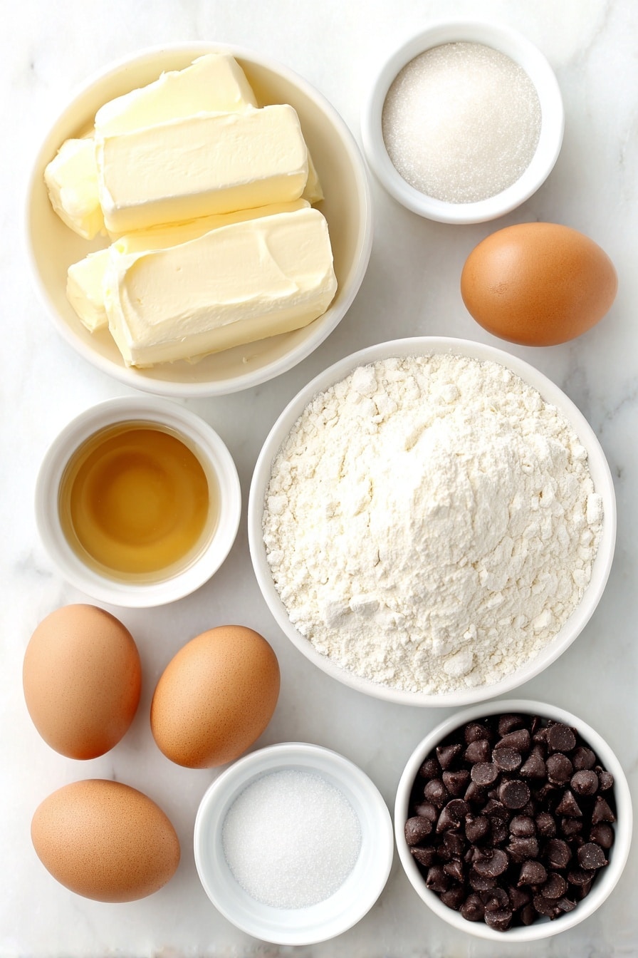 Flat lay of a small white ceramic bowl of softened pale yellow butter, a small white ceramic bowl of fine white granulated sugar, a small white ceramic bowl of golden vanilla extract, two whole uncracked brown eggs, a small white ceramic bowl of off-white all purpose flour, a small white ceramic bowl with white baking powder, a small white ceramic bowl with light grey salt, a small white ceramic bowl filled with glossy dark brown chocolate chips, all arranged with perfect symmetry on a clean white marble surface, soft natural light, photo taken with an iPhone, professional food photography style, fresh ingredients, white ceramic bowls, no bottles, no duplicates, no utensils, no packaging --ar 2:3 --v 7 --p m7354615311229779997 - Chocolate Chip Biscotti, Biscotti recipe with chocolate chips, Homemade biscotti, Crunchy Italian cookies, Easy biscotti baking