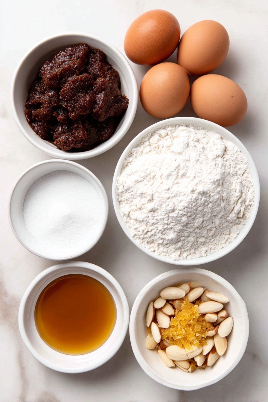 Flat lay of five large whole brown eggs with clean shells, a small white ceramic bowl of packed brown sugar, a small white ceramic bowl of golden honey, a small white ceramic bowl of clear vanilla extract, a small white ceramic bowl of almond flour, a small white ceramic bowl of hazelnut flour, a small white ceramic bowl of fine salt, a small white ceramic bowl of baking powder, a small white ceramic bowl of Lebkuchengewürz spice blend, a small white ceramic bowl holding finely minced candied lemon peel dusted with all-purpose flour, a small white ceramic bowl holding finely minced candied orange peel dusted with all-purpose flour, a small pile of plain all-purpose flour, a small stack of white communion wafers, and several blanched whole almonds halved lengthwise—all arranged symmetrically and naturally placed on a clean white marble surface, soft natural light, photo taken with an iPhone, professional food photography style, fresh ingredients, white ceramic bowls, no bottles, no duplicates, no utensils, no packaging --ar 2:3 --v 7 --p m7354615311229779997 - German Lebkuchen, Lebkuchen with Chocolate Glaze, German holiday cookies, traditional German gingerbread, spiced gingerbread cookies