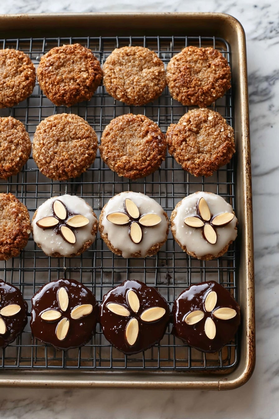 A metal baking tray holds a black cooling rack with sixteen round cookies arranged in orderly rows. Eight of the cookies have a rough, crumbly brown texture with a golden hue, showing no toppings. The other eight cookies are coated with a smooth glaze; half of these have a white icing layer, which looks slightly shiny and textured, topped with three whole pale almonds arranged in a triangular shape. The other half of these glazed cookies have a dark chocolate brown coating with a glossy finish, also topped with three whole pale almonds in the same triangular shape. The tray rests on a white marbled surface. Photo taken with an iphone --ar 2:3 --v 7 - German Lebkuchen, Lebkuchen with Chocolate Glaze, German holiday cookies, traditional German gingerbread, spiced gingerbread cookies