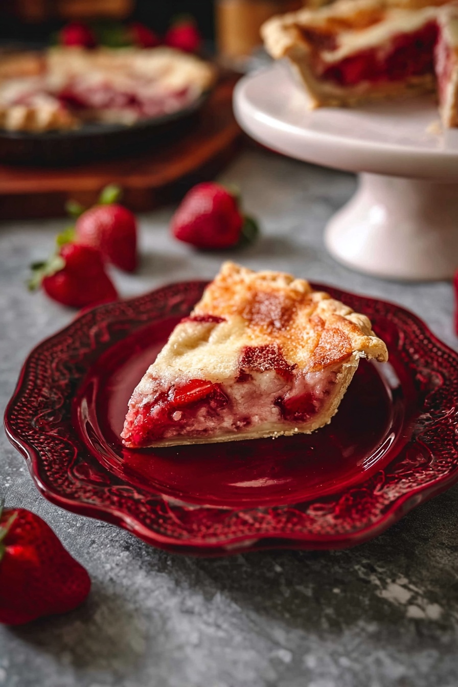 A single slice of strawberry pie is shown on a detailed, dark red plate with ornate patterns around the edges. The pie has three visible layers: a light golden brown crust on top with uneven browning, a middle layer of pinkish, soft cooked strawberries mixed with jam-like bright red filling, and a bottom crust that is light tan and slightly thicker. The pie slice has a rustic, homemade look with the fruit filling slightly oozing near the crust edges. In the background, there are whole strawberries scattered on a white marbled surface, a tart pan with another part of the pie on the left, and a white cake stand with another slice of pie on the right. The scene is softly lit and cozy. photo taken with an iphone --ar 2:3 --v 7 - Strawberry Kuchen with Creamy Custard, strawberry cake with custard, German strawberry dessert, fresh strawberry tart, easy strawberry pastry