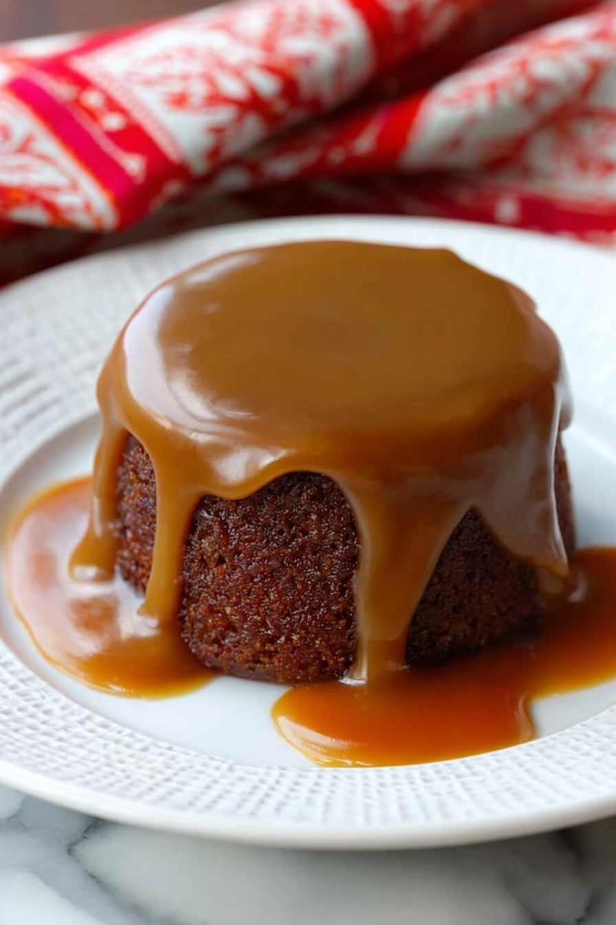 A small round dark brown cake sits in the center of a white plate with a textured rim. It is fully covered with a thick, smooth caramel sauce that drips down the cake sides and pools around the base in shiny golden amber puddles. The surface of the sauce on top is glossy and slightly uneven. The plate rests on a white marbled surface with a red and white patterned cloth partially visible in the background. The photo taken with an iphone --ar 2:3 --v 7 - Sticky Toffee Pudding with English Toffee Sauce, British toffee dessert, easy sticky toffee pudding recipe, moist date pudding with toffee sauce, cozy British desserts