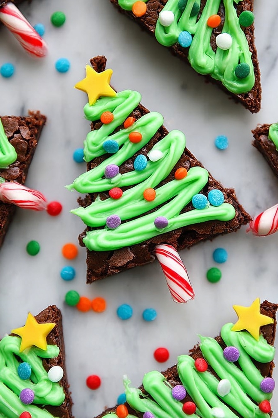 The image shows several Christmas tree-shaped brownies placed on a white marbled surface. Each brownie has three main layers: the bottom is a dark brown, dense brownie cut into a triangle with small indentations to shape the tree branches. On top, bright green icing is piped in swirls and lines, mimicking tree branches texture. Small, round, colorful candy beads are sprinkled over the green icing like decorations. At the top tip of each brownie, a tiny yellow star-shaped candy is placed. At the bottom center of each brownie tree, there is a small cylindrical candy cane striped in red and white, acting as the tree trunk. Some colorful candy beads are scattered around the brownies on the white marbled surface. photo taken with an iphone --ar 2:3 --v 7 - Christmas Tree Brownies, festive holiday brownies, Christmas dessert ideas, easy holiday treats, Christmas baking fun