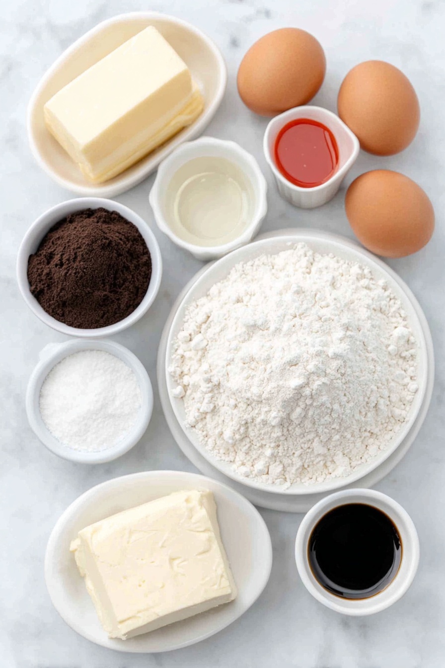 Flat lay of a small block of unsalted butter, a heap of caster sugar mounded in a white ceramic bowl, three medium whole brown eggs with clean shells, a small white bowl filled with dark cocoa powder, a small white bowl with bright red liquid food coloring, a small white bowl of clear vanilla extract, a small white bowl of creamy buttermilk, a mound of plain white flour on a simple white ceramic plate, a small pile of fine bicarbonate of soda powder, a small white bowl of white wine vinegar, a small block of unsalted butter at room temperature, a small white bowl heaped with icing sugar, a smooth block of full fat cream cheese, another small white bowl of vanilla extract, all ingredients arranged in perfect symmetry and realistic proportions on a clean white marble surface, soft natural light, photo taken with an iPhone, professional food photography style, fresh ingredients, white ceramic bowls, no bottles, no duplicates, no utensils, no packaging --ar 2:3 --v 7 --p m7354615311229779997 - Red Velvet Cake with Cream Cheese Frosting, moist red velvet cake, classic red velvet dessert, homemade red velvet cake recipe, easy red velvet cake