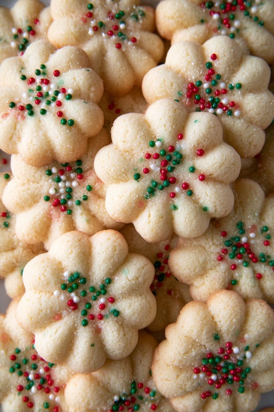 A pile of light golden brown, flower-shaped cookies is shown, each cookie having a soft, slightly crumbly texture with gentle ridges creating petal-like segments. The cookies are topped with small round sprinkles in Christmas colors: red, green, and white, scattered evenly across the surface. The cookies overlap each other closely, filling the entire frame, with the edges showing a slight browning. The background is a white marbled texture. photo taken with an iphone --ar 2:3 --v 7 - Almond Spritz Cookies, almond butter cookies, buttery spritz cookies, holiday almond cookies, easy almond cookie recipe