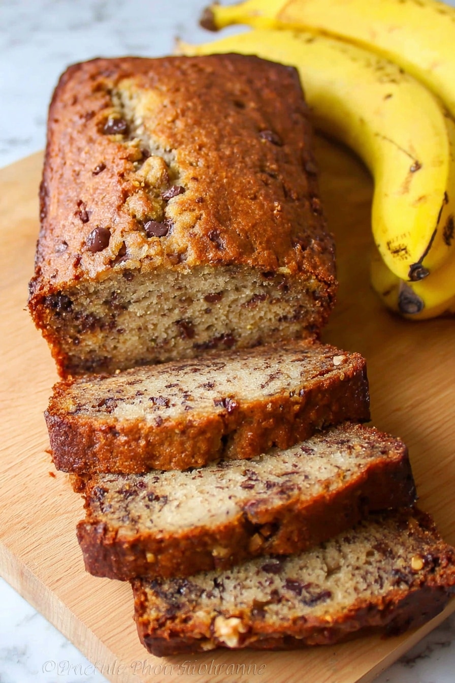A loaf of banana bread is shown on a wooden board with four slices cut and stacked in front. The bread has a golden brown crust with a rough, cracked top layer. Inside, the texture is soft and speckled with dark brown bits of nuts and chocolate chips spread throughout all slices. To the right of the bread, there are a few yellow bananas with brown spots on their peel. The background is a white marbled surface. photo taken with an iphone --ar 2:3 --v 7 - Moist Banana Bread with Walnuts and Raisins, banana bread with walnuts and raisins, fluffy banana bread recipe, homemade banana bread, easy banana bread with nuts and dried fruit