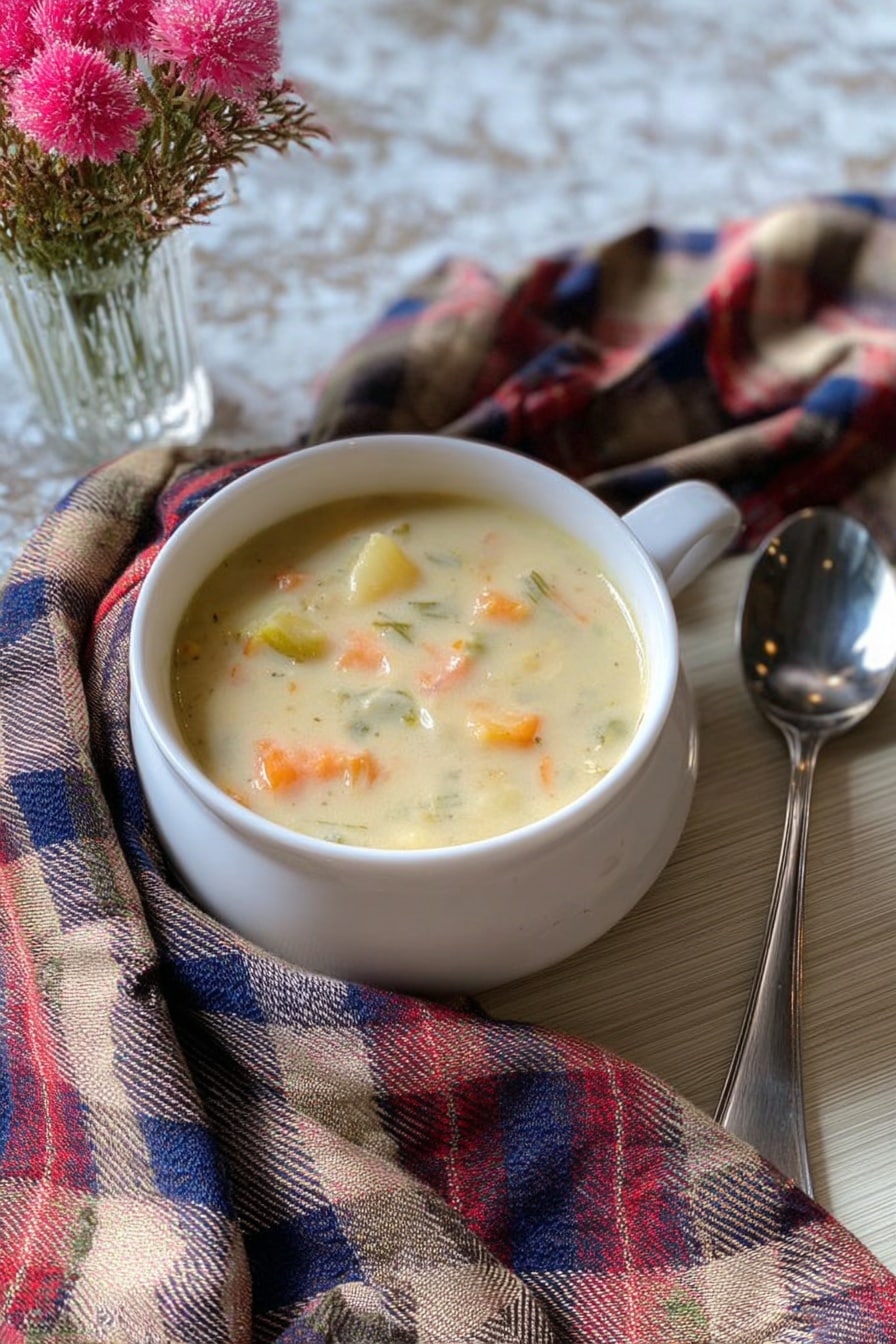 A small white bowl filled with creamy soup that has chunks of orange, yellow, and green vegetables visible in the light, thick broth. The bowl sits on a light wooden surface with a folded cloth napkin beside it featuring a red, brown, blue, and white plaid pattern. A silver spoon rests to the right of the bowl. In the top left corner, there is a small bouquet of pink flowers in a clear vase. The background surface is changed to a white marbled texture. Photo taken with an iphone --ar 2:3 --v 7 - Scottish Cullen Skink Smoked Haddock Soup, smoked haddock soup, Cullen Skink recipe, Scottish seafood soup, smoky fish soup